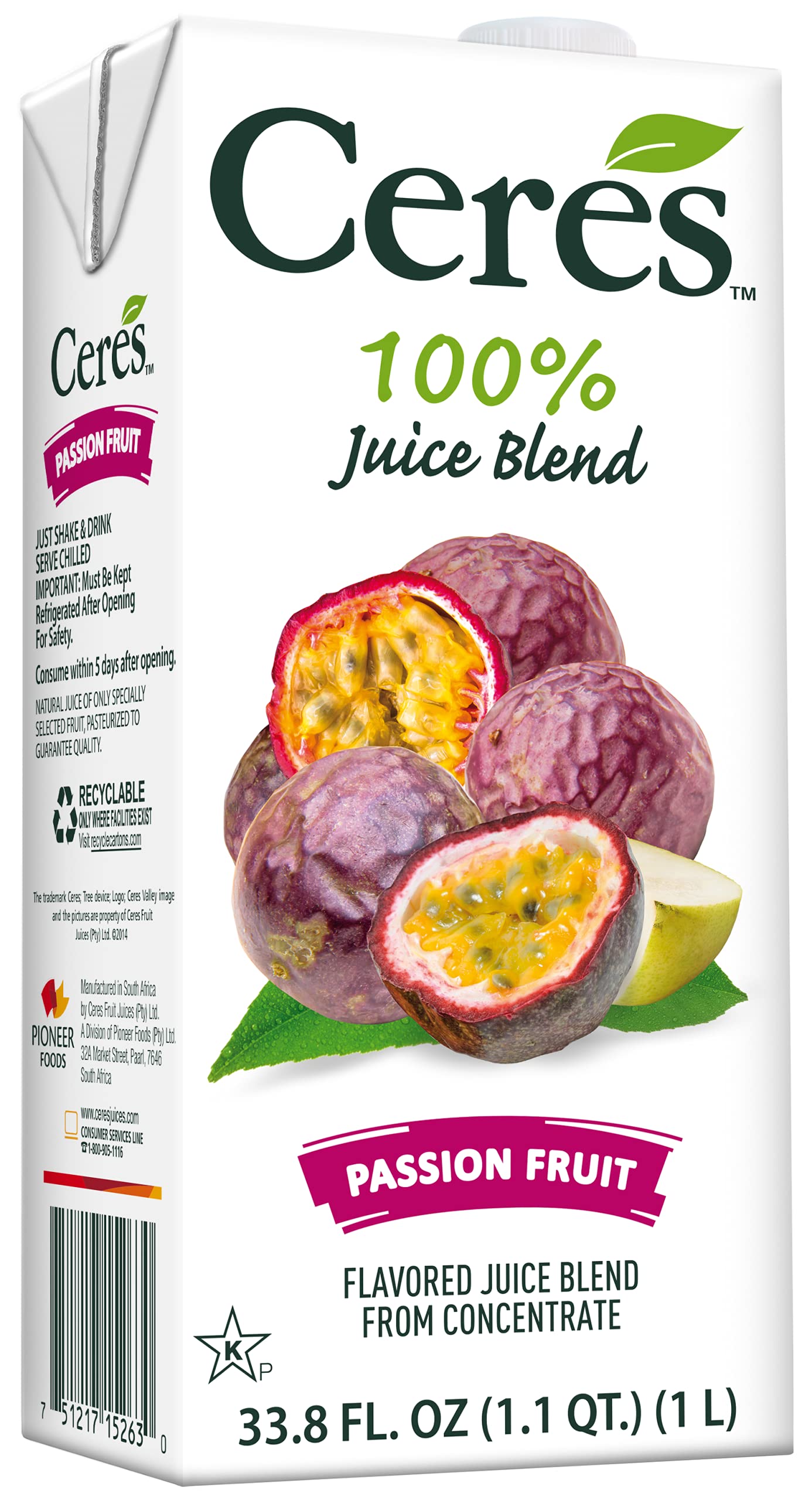 Ceres 100% All Natural Pure Fruit Juice Blend, Passion Fruit - Gluten Free, Rich In Vitamin C, No Added Sugar Or Preservatives, Cholesterol Free - 33.8 Fl Oz (24)
