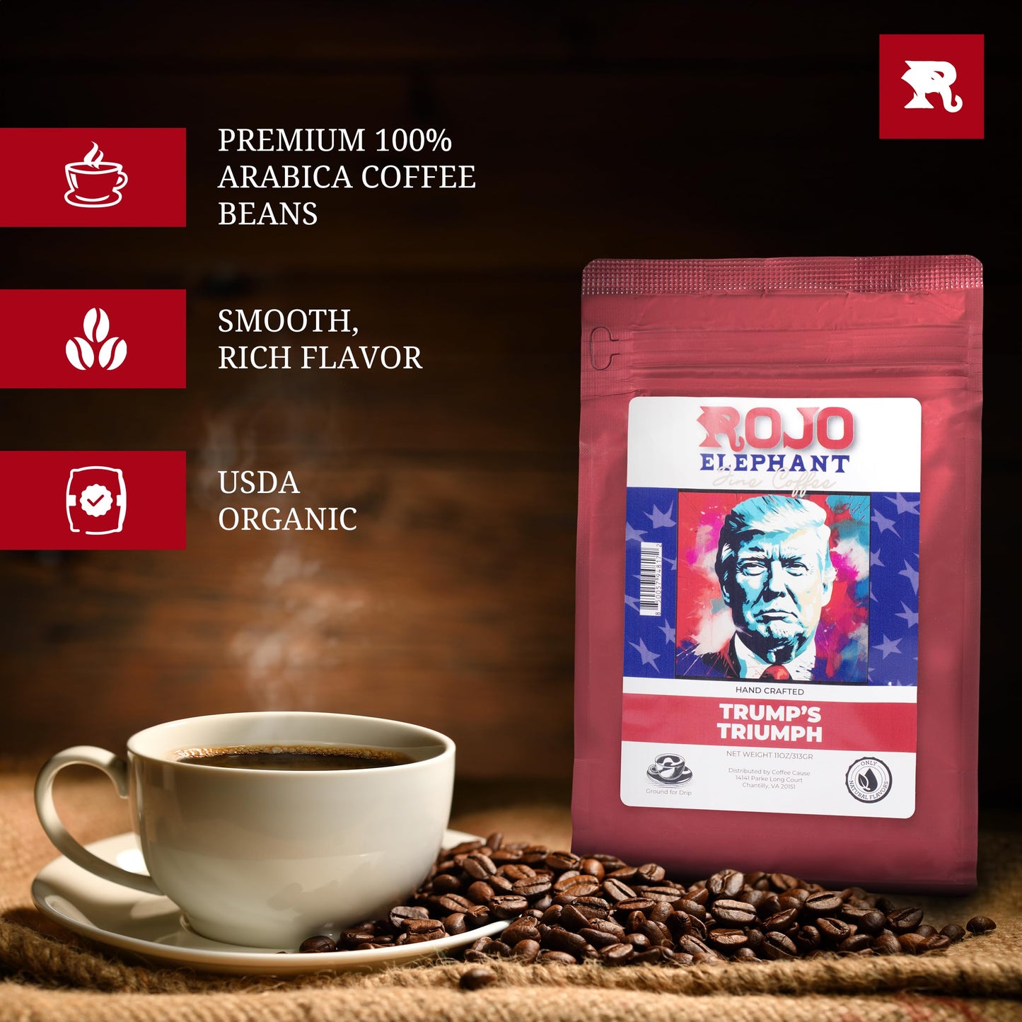 Rojo Elephant Handcrafted Ground Coffee, 100% Arabica, Premium Dark Roast, 11 oz Bag