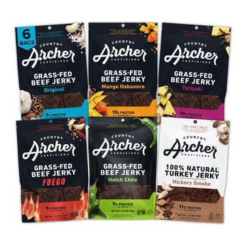 Country Archer Grass-Fed Beef Jerky Variety Pack- Beef Jerky Snack Packs, Beef Jerky Assortment, Jerky Sampler, Original, Mango 