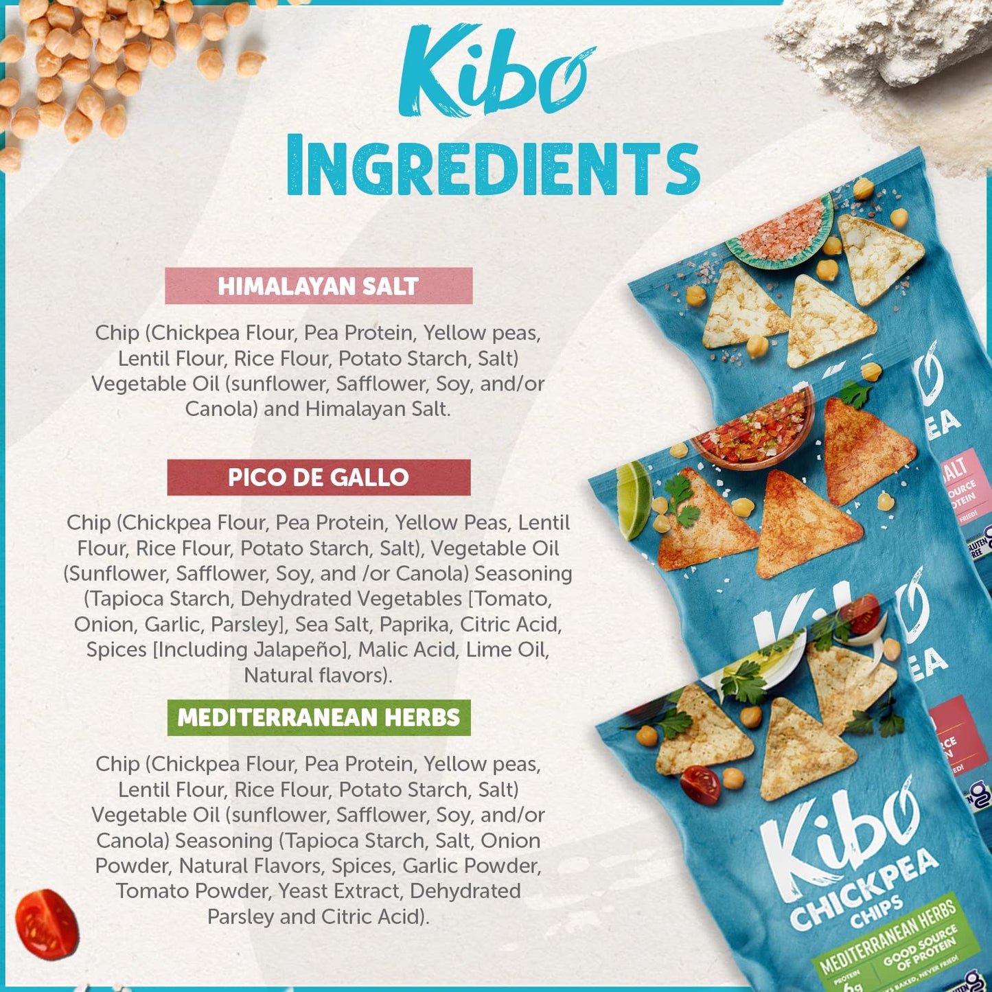 Kibo Chickpea Chips 3 Flavor Variety Pack - High Protein-Fiber, Plant-Based, Gluten-Free, Non-GMO, Vegan, Made with Real Veggies
