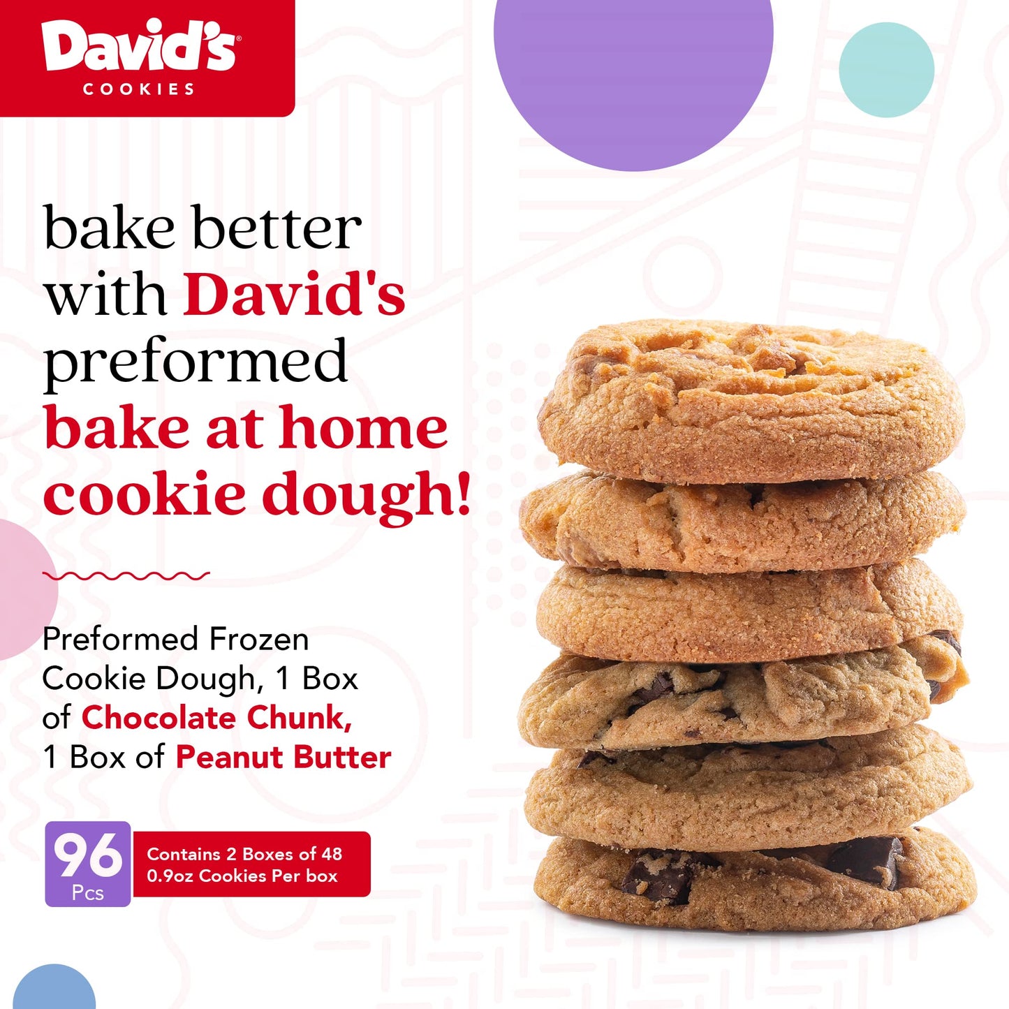 David's Cookies Preformed Frozen Cookie Dough Chocolate Chunk & Peanut Butter 96 count
