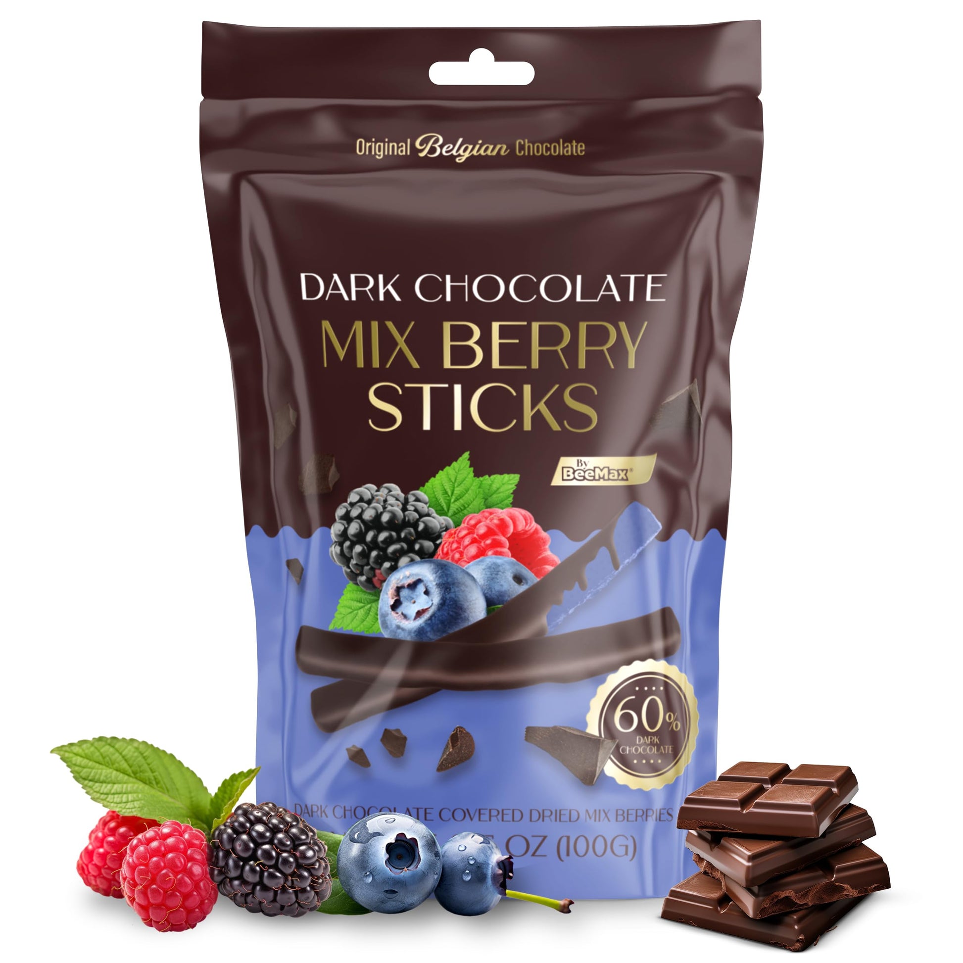 BEEMAX Belgian Chocolate Covered Fruit Sticks, Gourmet Dried Fruit, Dark Chocolate, 3.5 oz Resealable Pouch, Non-GMO