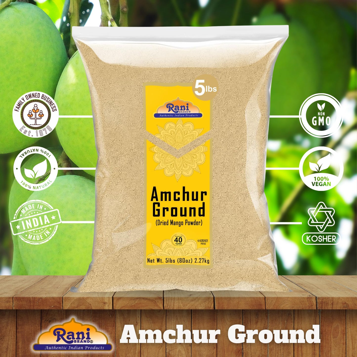 Rani Amchur (Mango) Ground Powder Spice 80Oz (5Lbs) 2.27Kg Bulk ~ All Natural, Indian Origin | No Color | Gluten Friendly | Vegan | Non-Gmo | No Salt Or Fillers