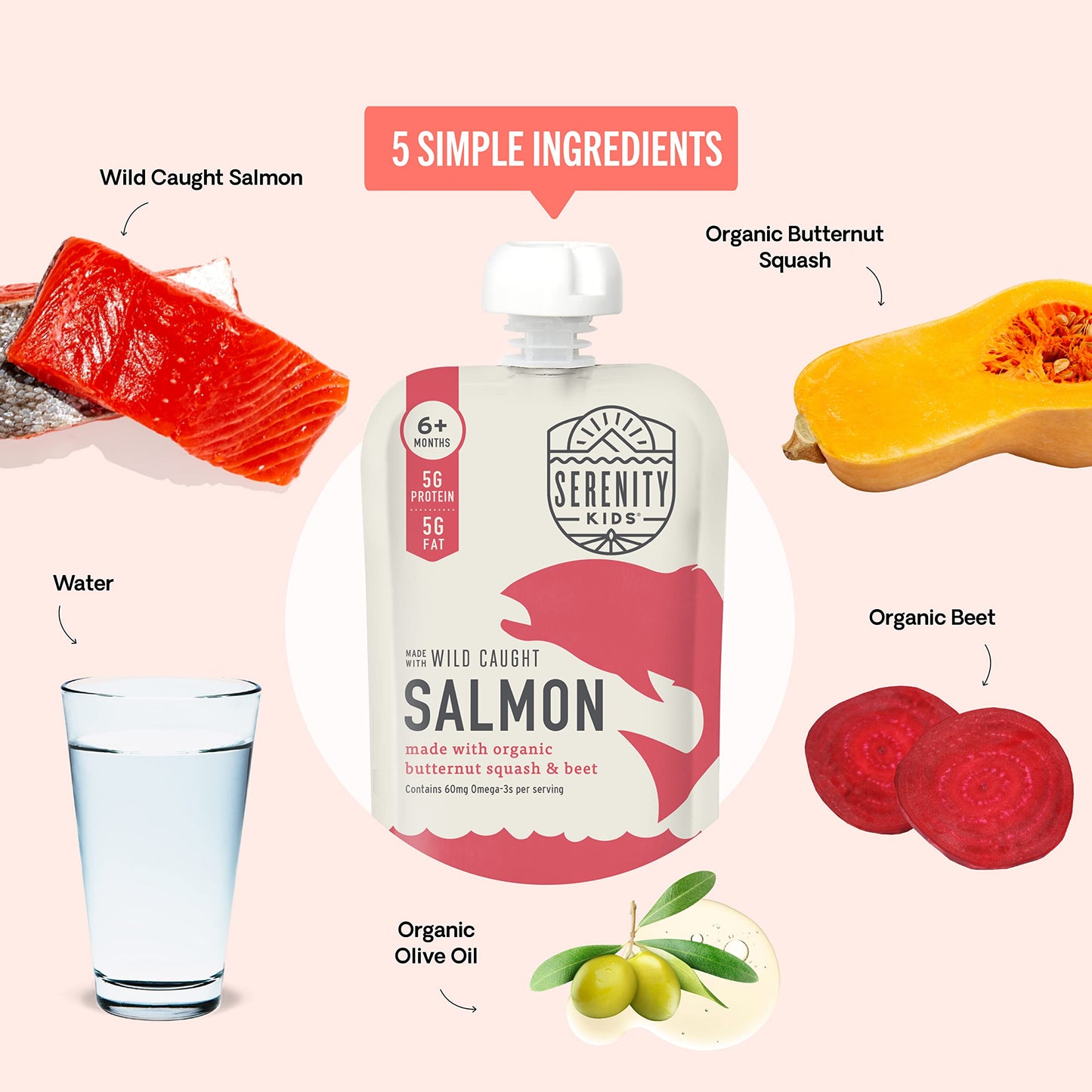 Serenity Kids 6+ Month Baby Food Puree Pouches with Wild Caught Salmon, Butternut Squash & Beet - Ethically Sourced Meat & Organ