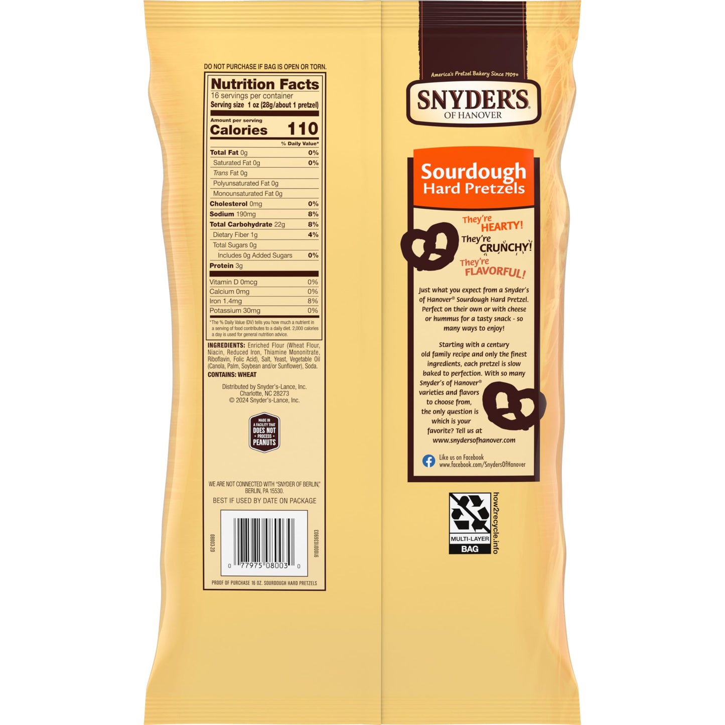 Snyders of Hanover Pretzels, Sourdough Hard Pretzels, Family Size 16 Oz Bag