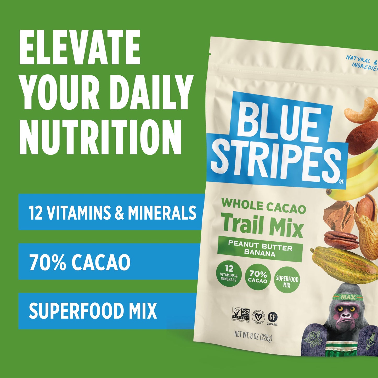 Blue Stripes - Trail Mix, Peanut Butter Banana, Cashews, Peanut Butter Chips, Healthy Snacks for Adults, Whole 70% Cacao, With U