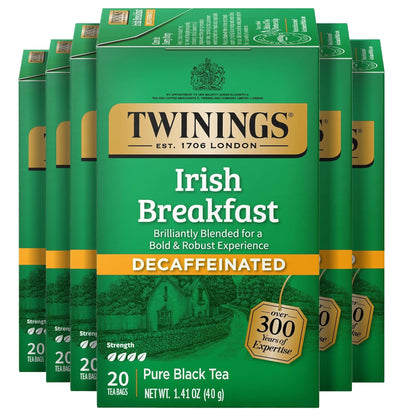 Twinings Decaffeinated Irish Breakfast Black Tea Individually Wrapped Bags, 20 Count (Pack of 6), Flavourful, Robust, Enjoy Hot 