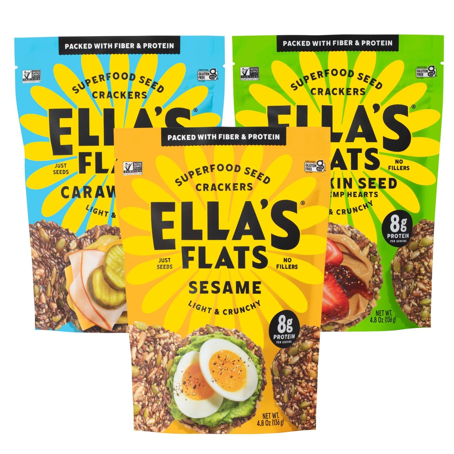ELLAS FLATS Savory Crisps - All Natural, Gluten Free, Vegan, Keto Friendly - 4.8 oz (Pack of 3) - Sesame, Hemp & Caraway Flavors