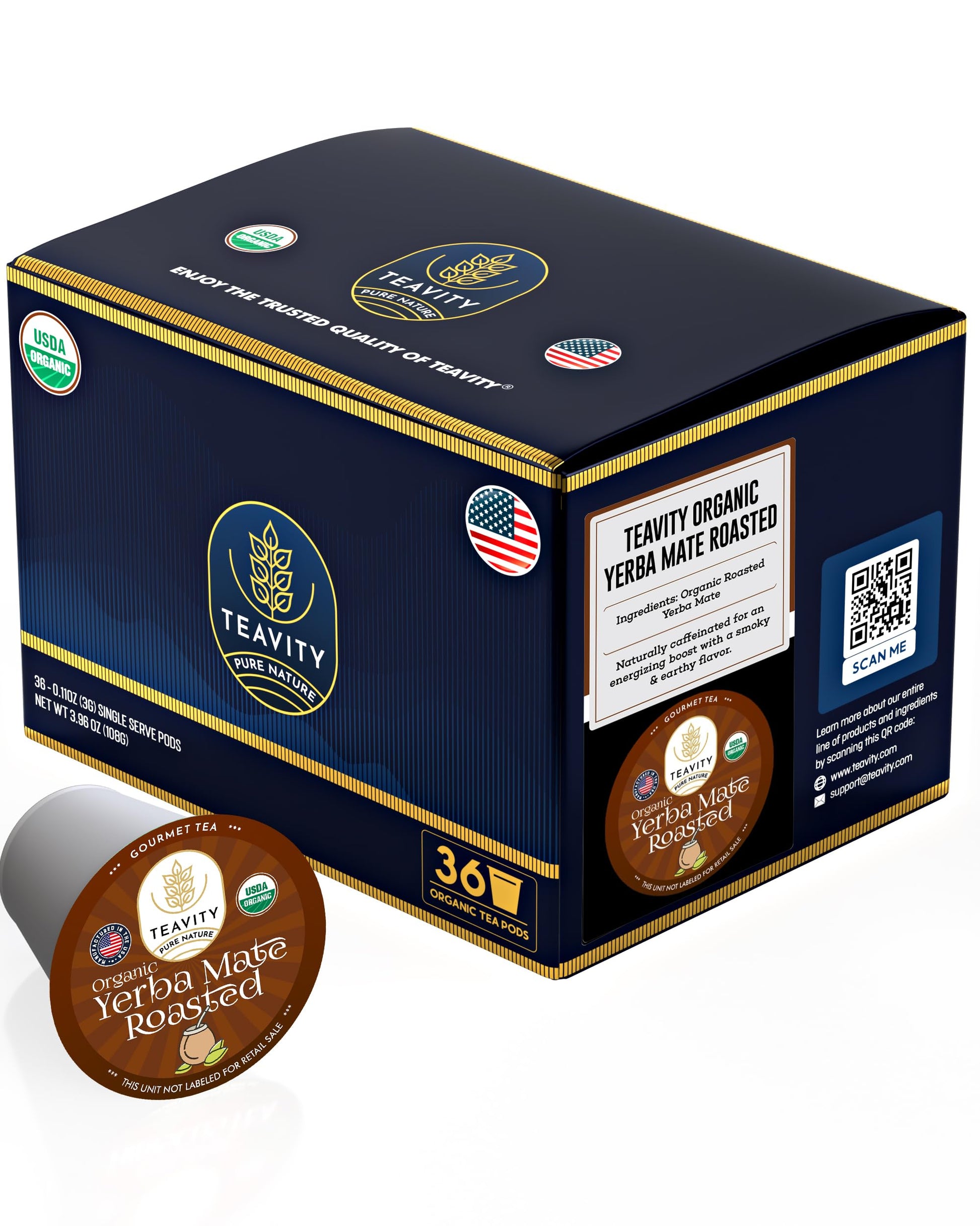 Teavity Organic Yerba Roasted Mate Tea Pods for Keurig, 36 Count, Pack of 1