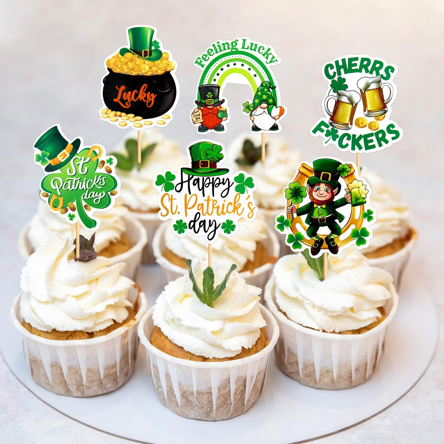 Ercadio 24 Pack Happy St Patrick'S Day Gno-Me Cupcake Toppers St Patrick'S Day Cupcake Picks Green Gno-Me Cake Toppers For Irish