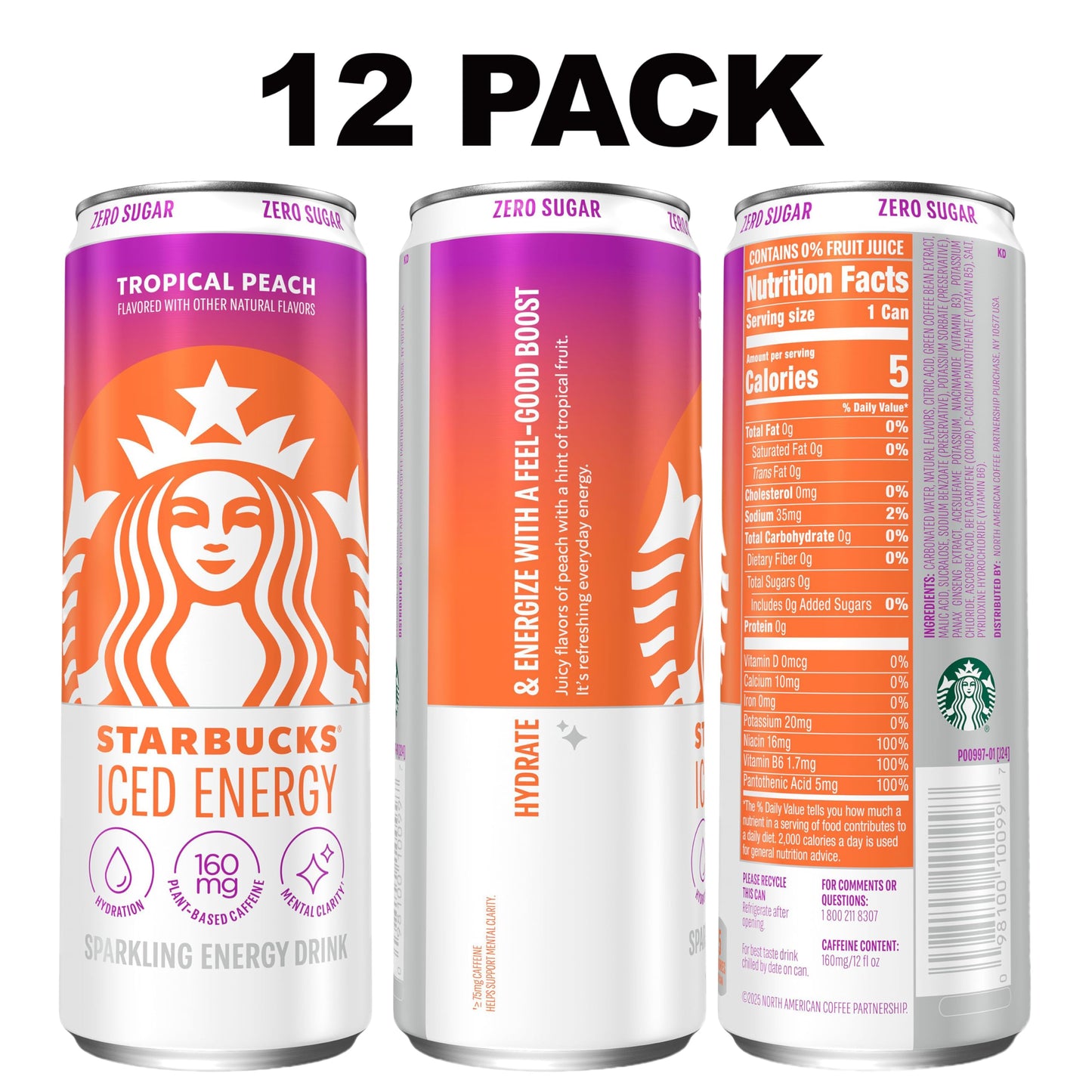 Starbucks Iced Energy Drink, Tropical Peach, Zero Sugar, Plant Based Caffeine, 12 Fl Oz Cans (Pack of 12)