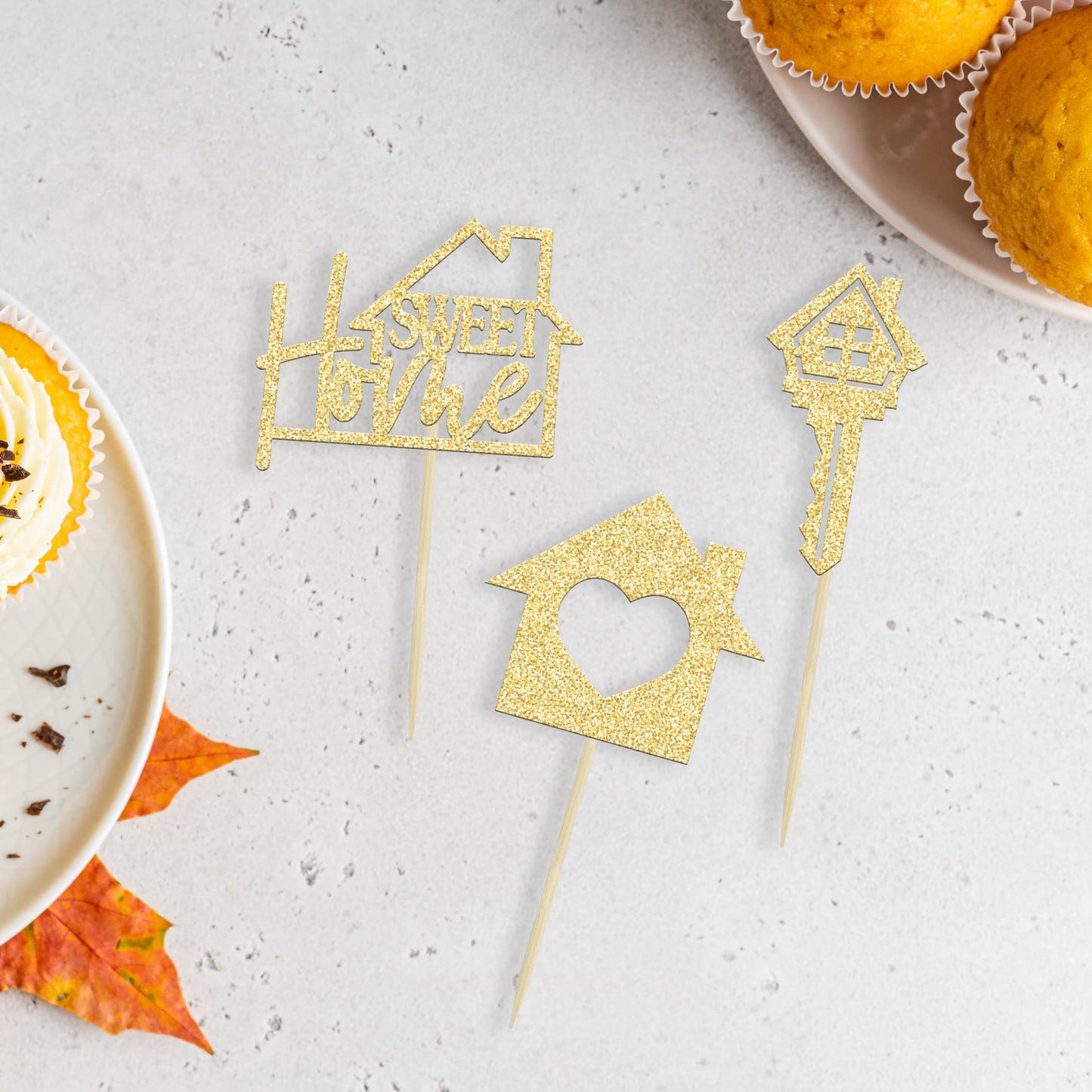 Gyufise 24Pcs Sweet Home Cupcake Toppers Gold Glitter Key Housewarming Cupcake Picks New Home Theme Party Cake Decorations Suppl