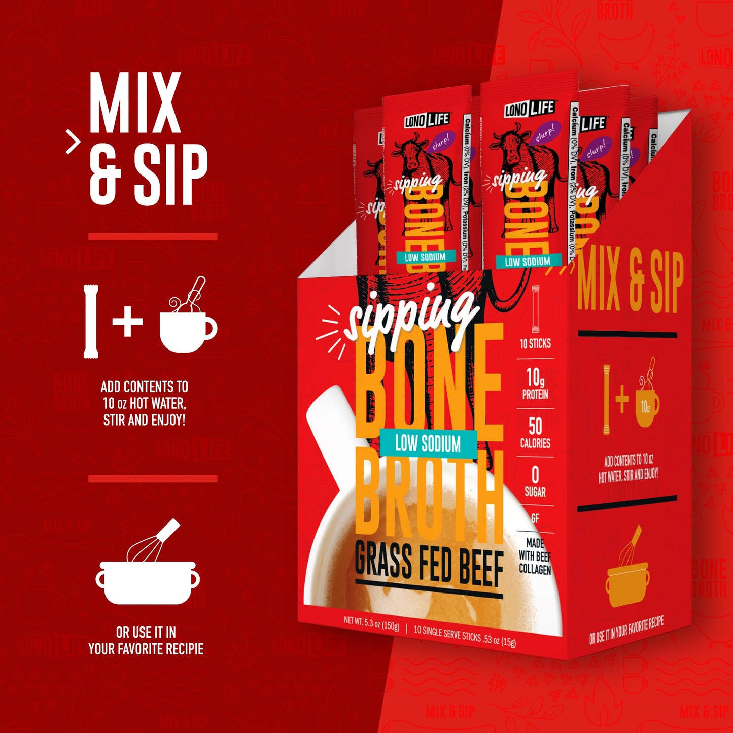 LonoLife Beef Bone Broth Powder Mix | Low Sodium, Collagen-Rich, Grass-Fed | 4 Count Stick Packs
