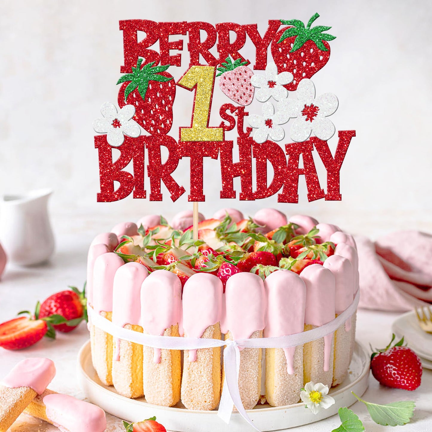 1 Pcs Berry 1St Birthday Cake Topper Red Glitter Flower Fruit Sweet One Strawberry Cake Pick First Birthday Strawberry One Cake