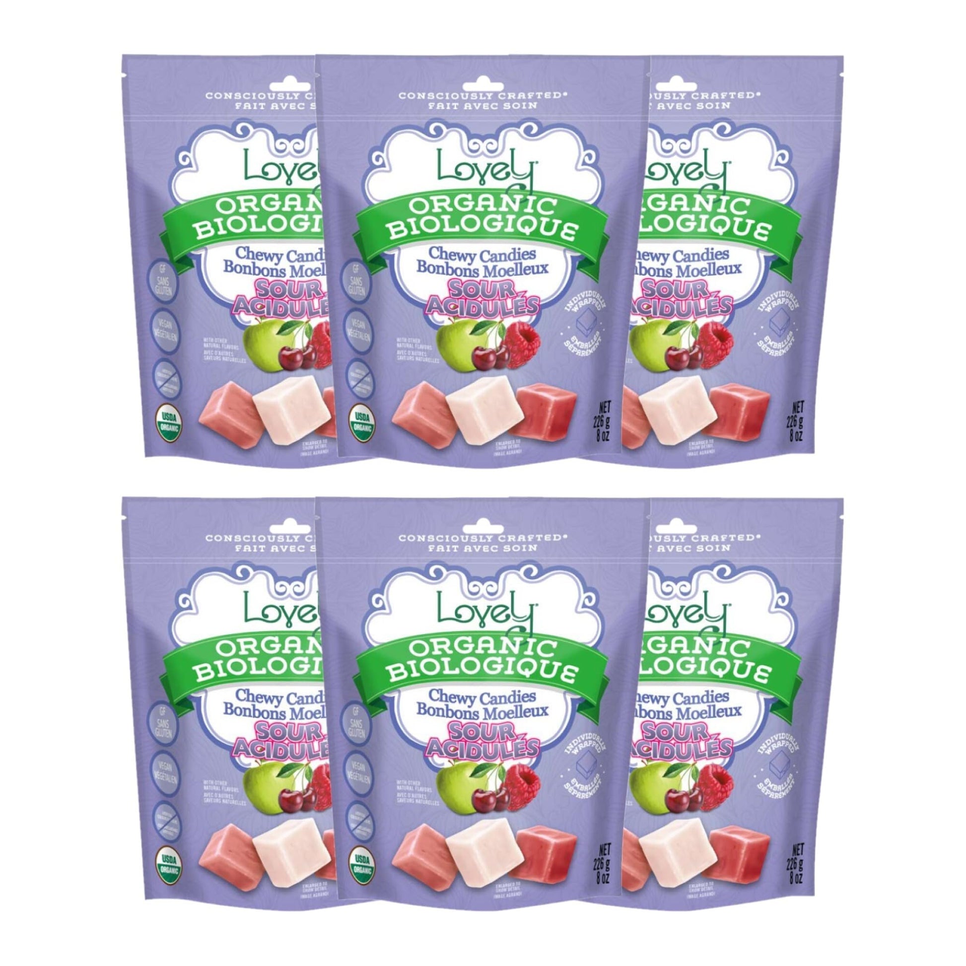 Lovely Candy Co. Organic Sour Chewy Candies, Vegan & Gluten Free, 8oz Bag (6-pack) - Natural Raspberry, Apple & Cherry Flavors