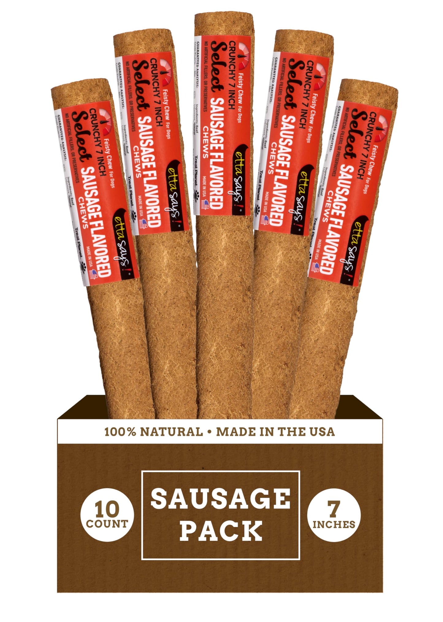 etta says! Crunchy Dog Chews - Rawhide-Free, All-Natural Ingredients - Sausage Flavor - 10 Pack