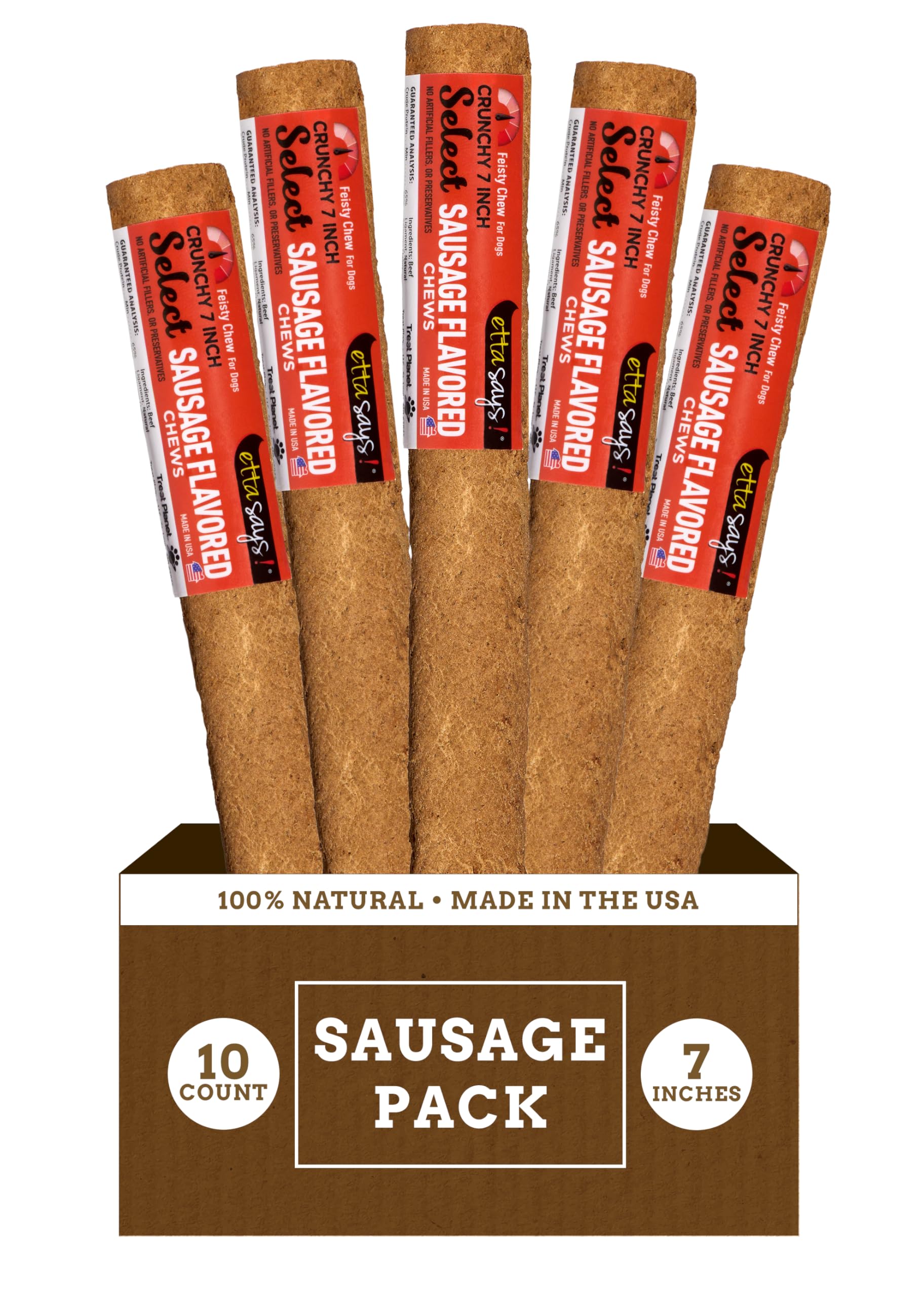 etta says! Crunchy Dog Chews - Rawhide-Free, All-Natural Ingredients - Sausage Flavor - 10 Pack