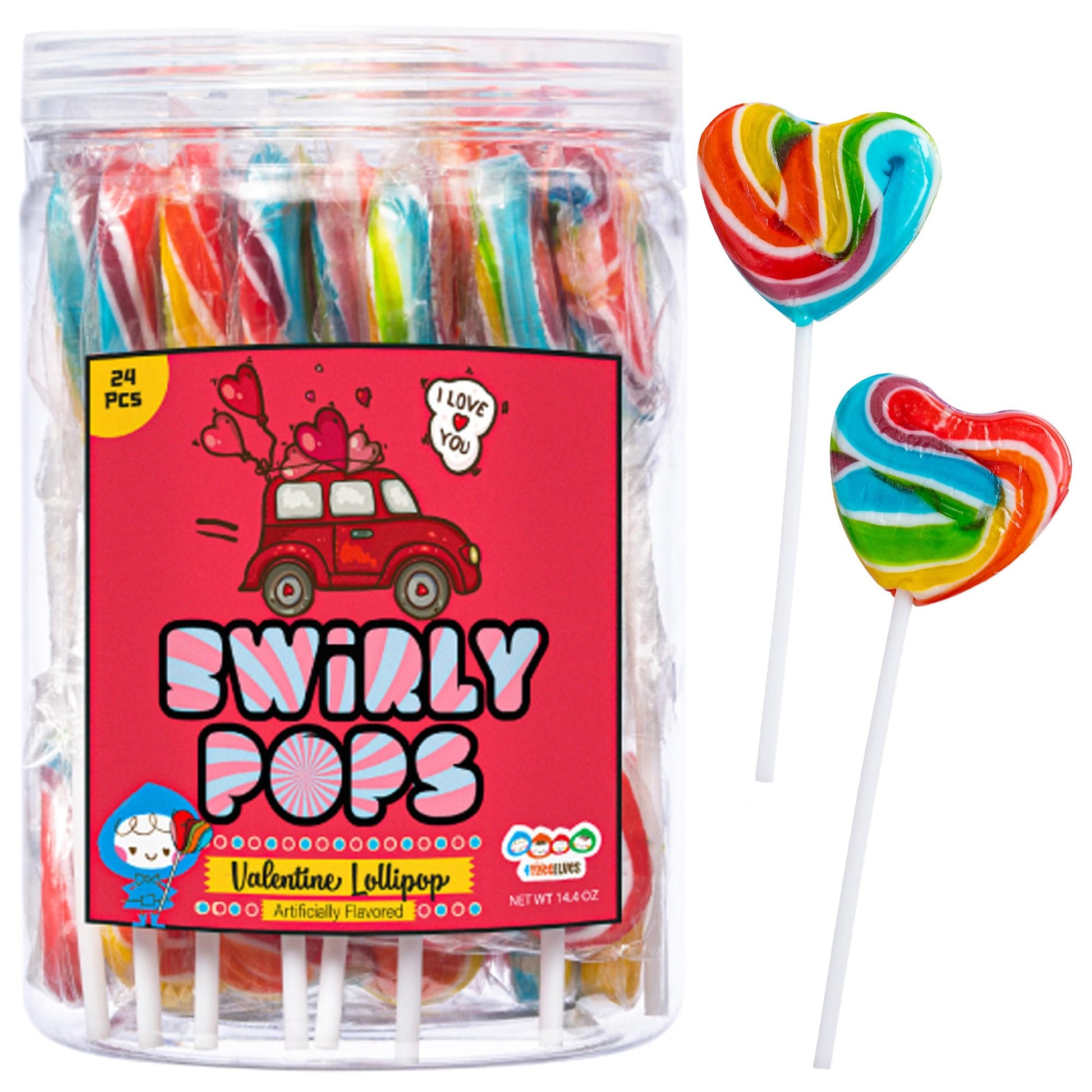 24 Heart Rainbow Lollipops Individually Wrapped, Bursting With Fruity Flavor, Great Swirl Lollipops For Kids Birthday Parties, V