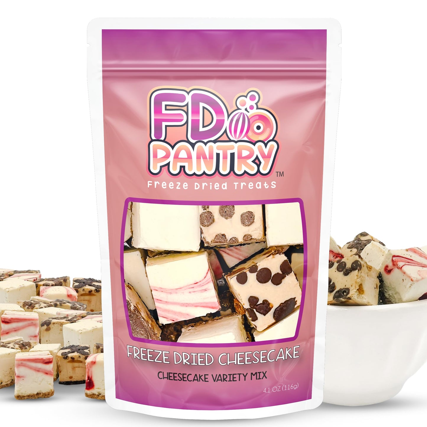 Freeze Dried Cheesecake New York Style, Caramel Chocolate Chip And Strawberry Swirl Crunchy Treat Resealable Bag 4.1 Oz Cheese C