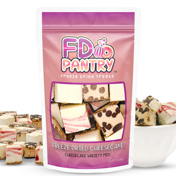 Freeze Dried Cheesecake New York Style, Caramel Chocolate Chip And Strawberry Swirl Crunchy Treat Resealable Bag 4.1 Oz Cheese C