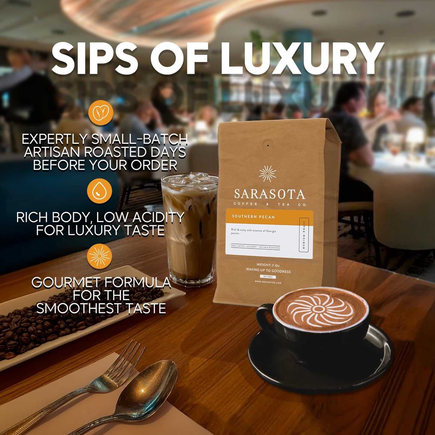 Sarasota Coffee Whole Bean Southern Texas Butter Pecan | Medium Roast Gourmet Flavored Coffee Beans | Low Acid, Mold Free, Speci