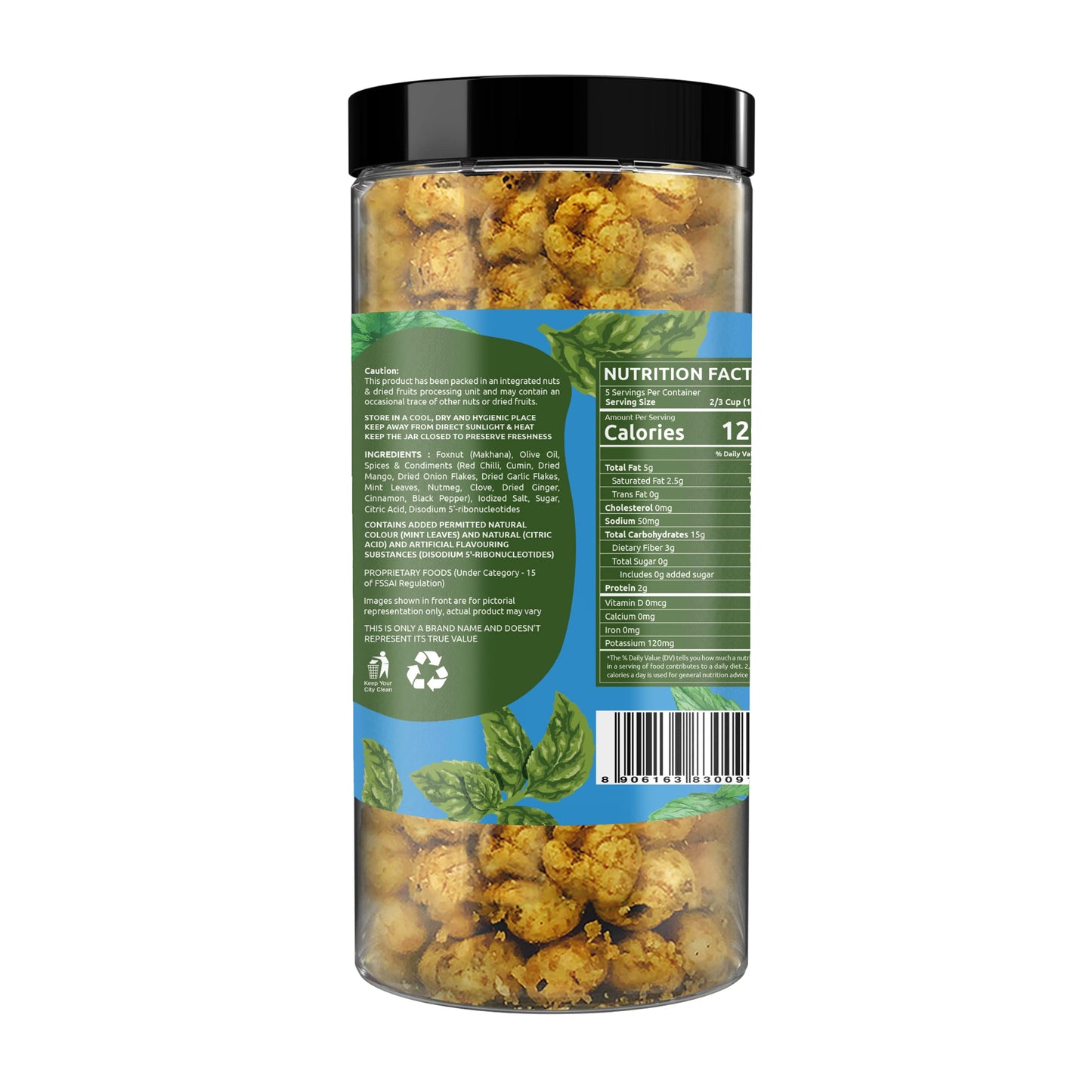 Farmley Makhana Healthy Protein Snacks, Gluten Free Roasted Crisps, Popped Lotus Seed - Mint, 3.2 Oz, High Protein/Fiber, Pack of 1