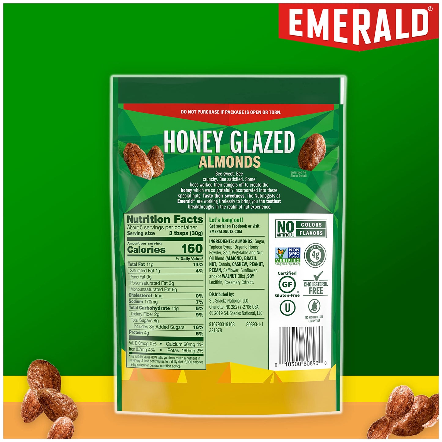 Emerald Nuts Honey Glazed Almonds (1-Pack), 5.5oz Resealable Bag, Kosher Dairy Certified, Non-GMO, Contains No Artificial Preser