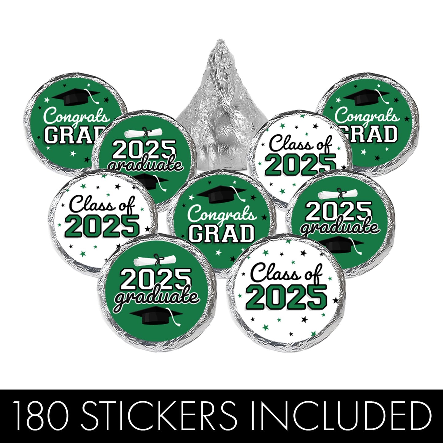 Green Graduation Party Stickers For Kisses Candy, Chocolate Drops, 2025 Grad Party Favors - 180 Count