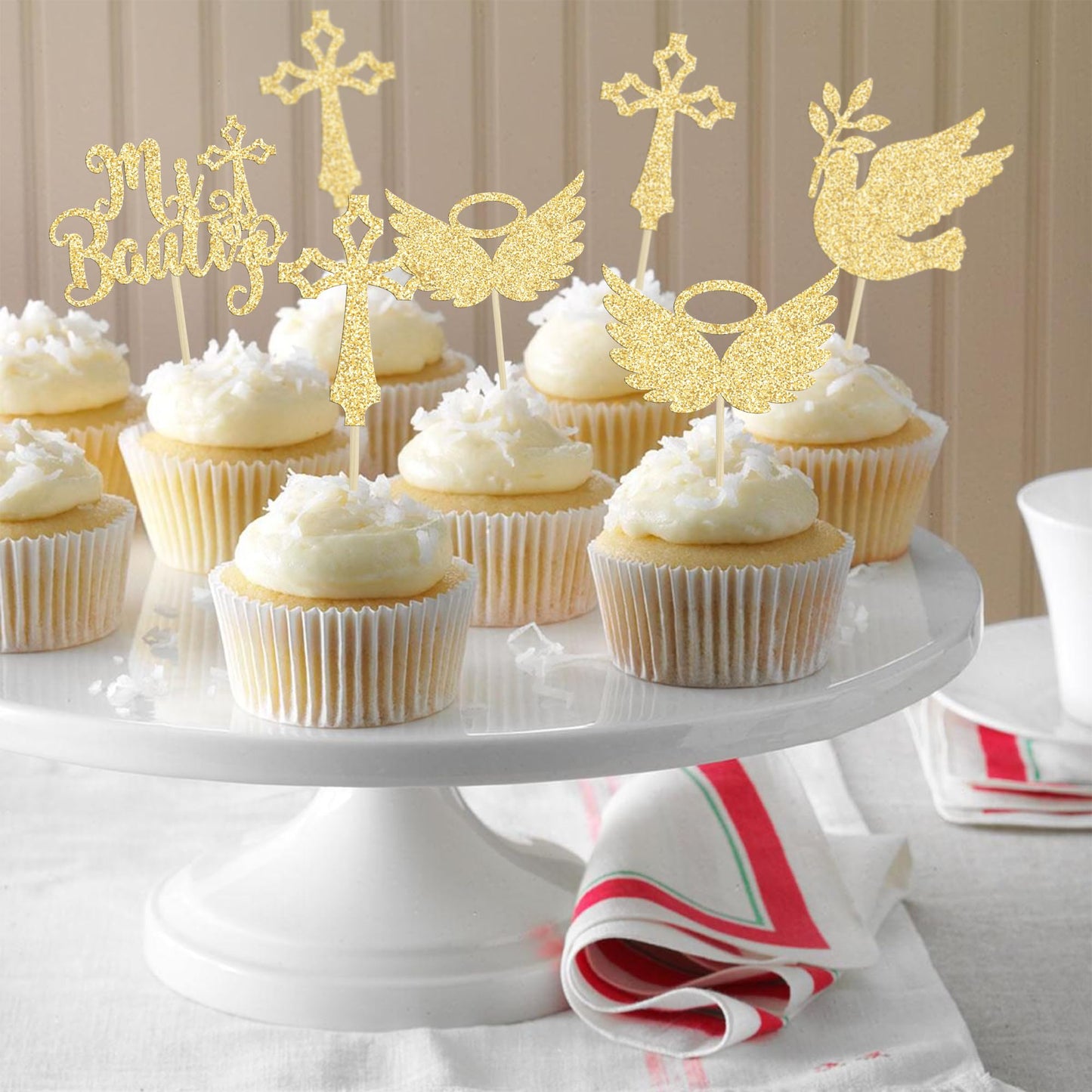Gyufise Cupcake Toppers - 24Pcs Dove Cross Decorations for Baptism & Baby Shower - Gold Paper