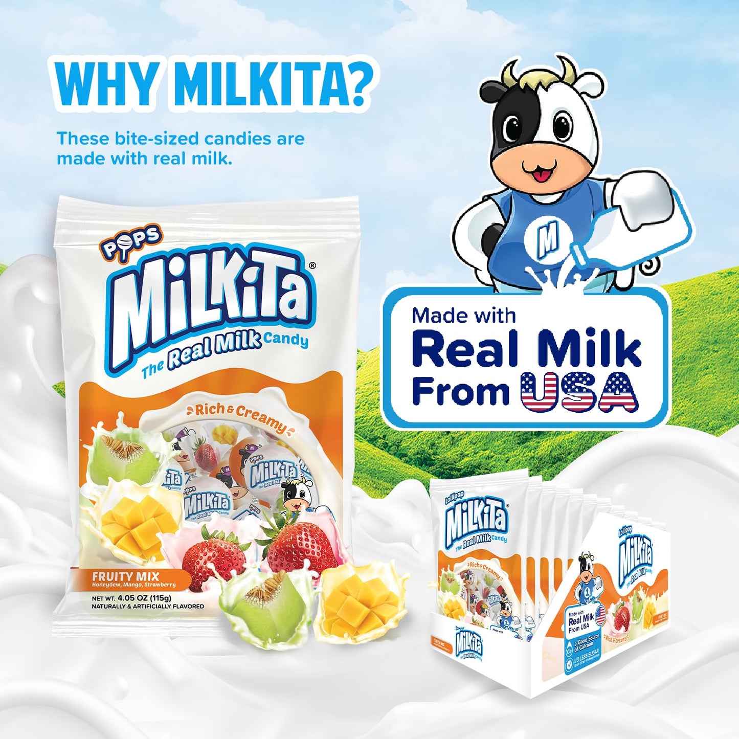 Milkita The Real Milk Lollipop Bag, Gluten Free Chewy Candies With Calcium & Real Milk, Zero Trans Fat, Low-Sugar, Fruity Flavors (Strawberry, Honeydew, Mango), 10 Pcs