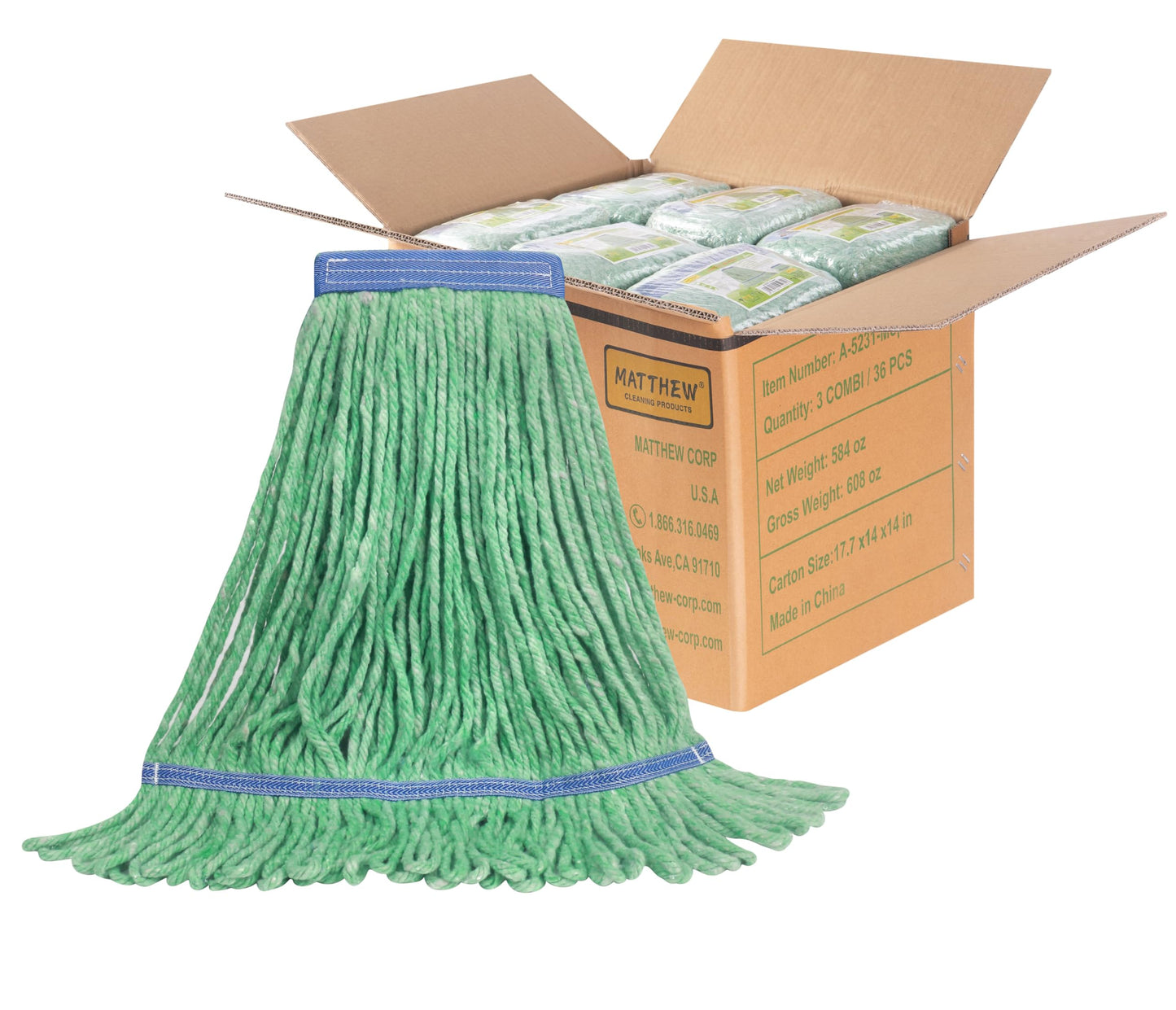 Matthew Cleaning Heavy Duty Mop Head Commercial Replacement For General And Floor Cleaning, Wet Industrial Blue Cotton Looped En