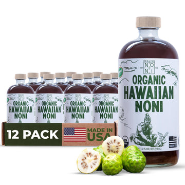 Healing Noni - 12-Pack Glass Bottle 32Oz - 100% Pure Hawaiian Organic Noni Juice - All-Natural Unsweetened Fresh Fruit - Farm Di