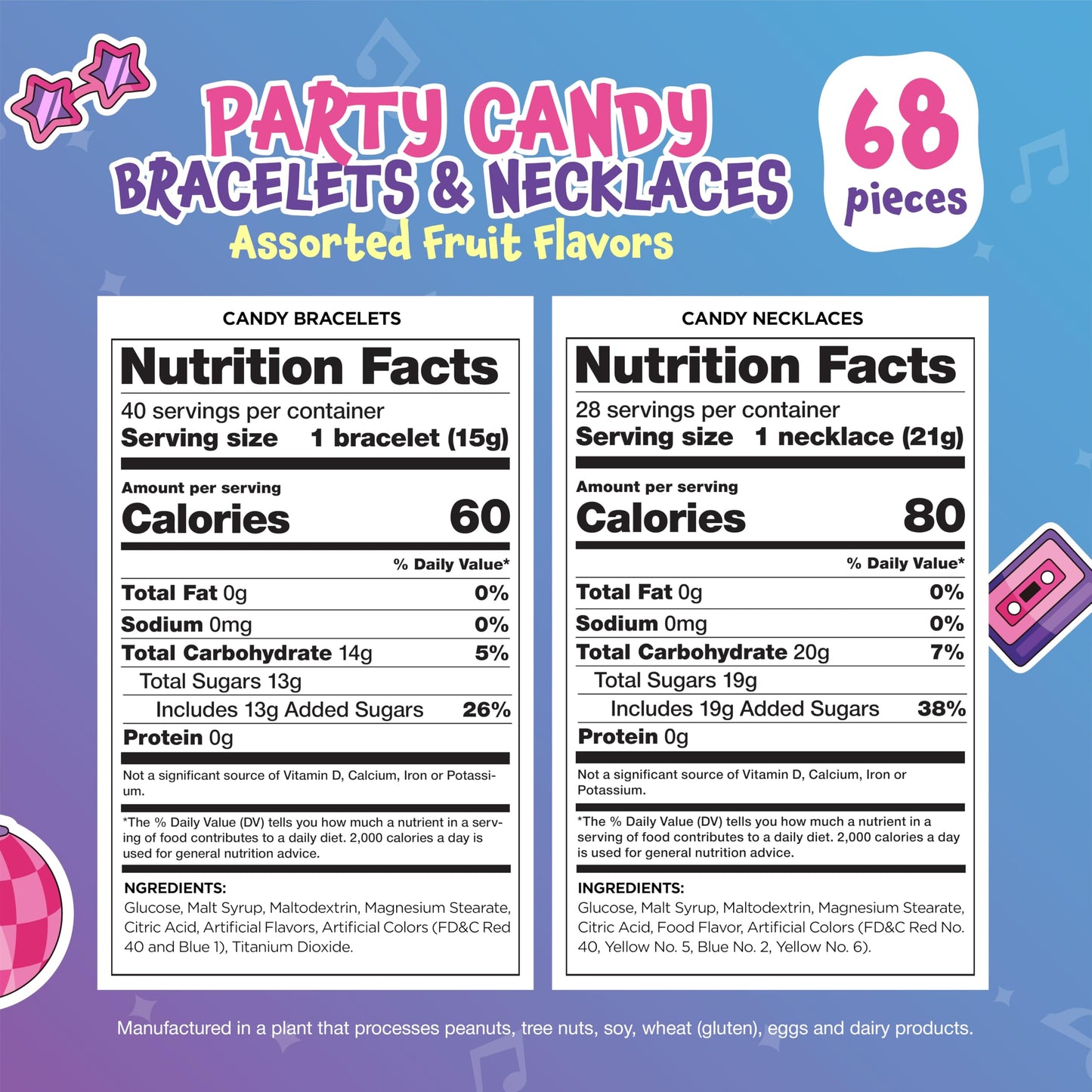 Party Candy Bracelets and Candy Necklaces - 21 Oz Bag (2 Packs - 68 Cnt) - Fruit Flavors - Individually Wrapped Candies for Party Favors  Classroom Rewards  and Goodie Bags by Funtasty