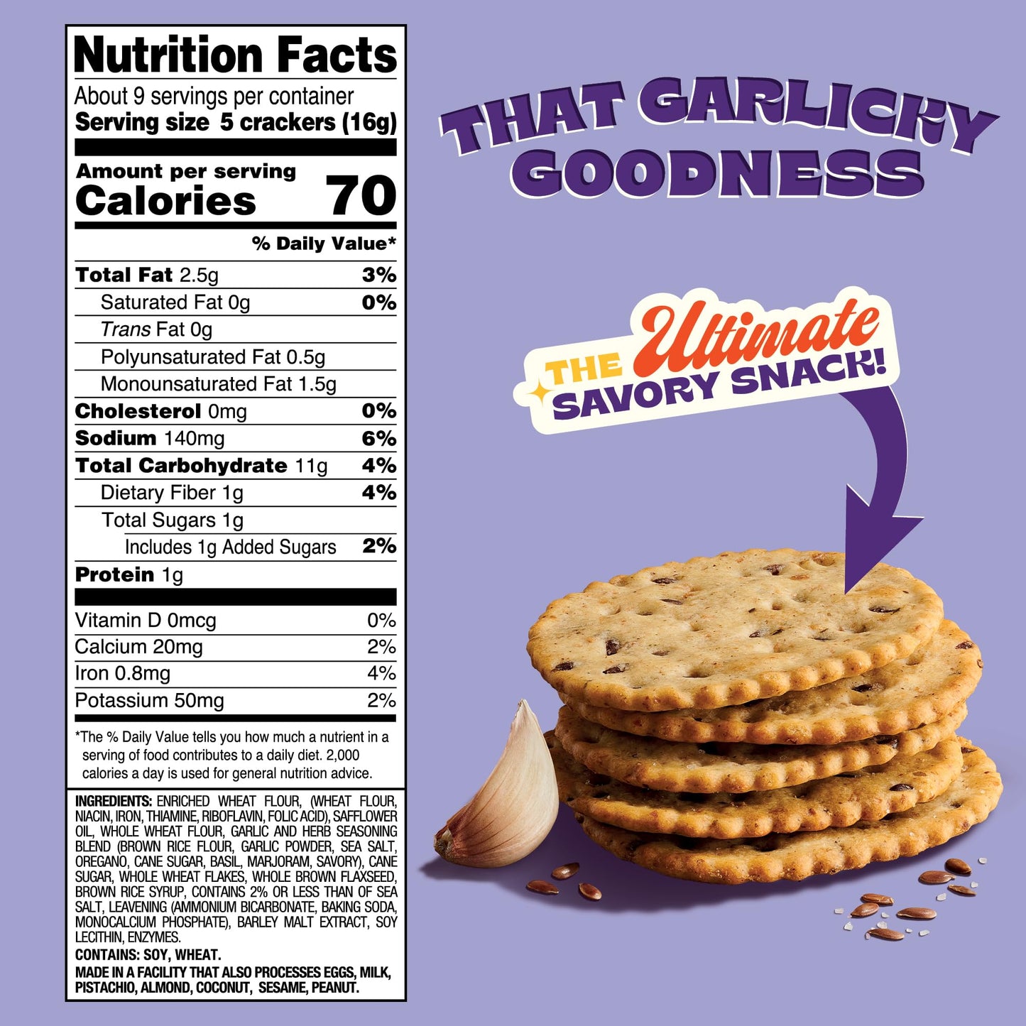 Back to Nature - Stoneground Wheat Crackers - Garlic & Herb - Real Ingredients like Whole Grain Wheat, Flax Seed and Sea Salt -