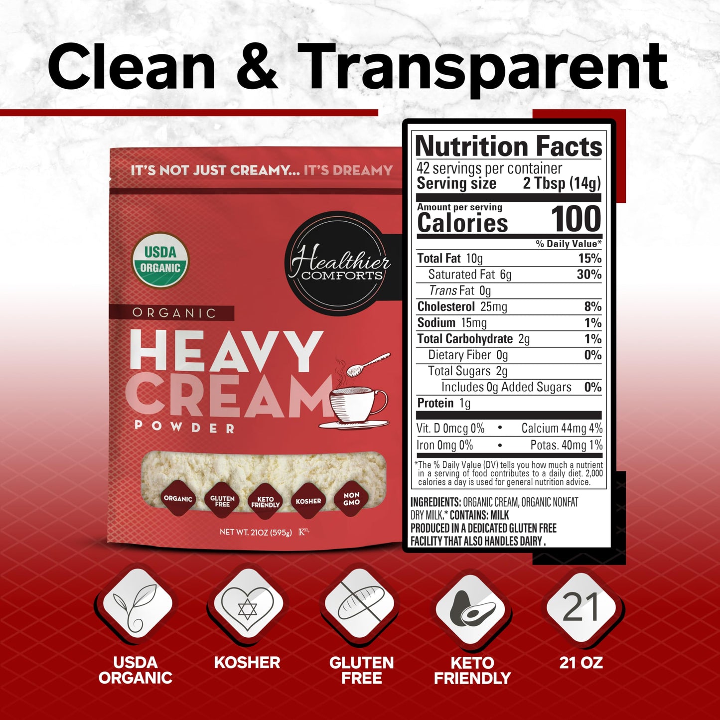 Healthier Comforts Organic Heavy Cream Powder (72% Butterfat) | Certified USDA Organic  Kosher | Gluten Free  Non-GMO  Keto Friendly  Free of s &  s (rBGH or rBST) | Made in USA (21 ounce)