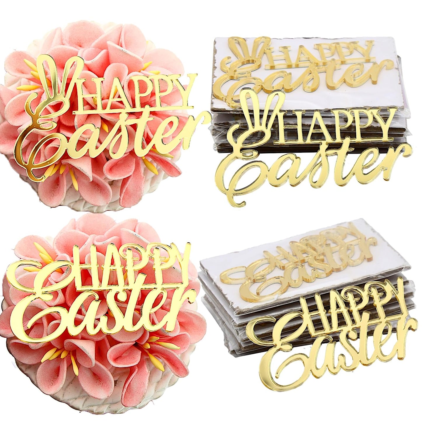 Happy Easter Cupcake Toppers  Gold Mirror Acrylic  12 Pieces  Cake Decoration