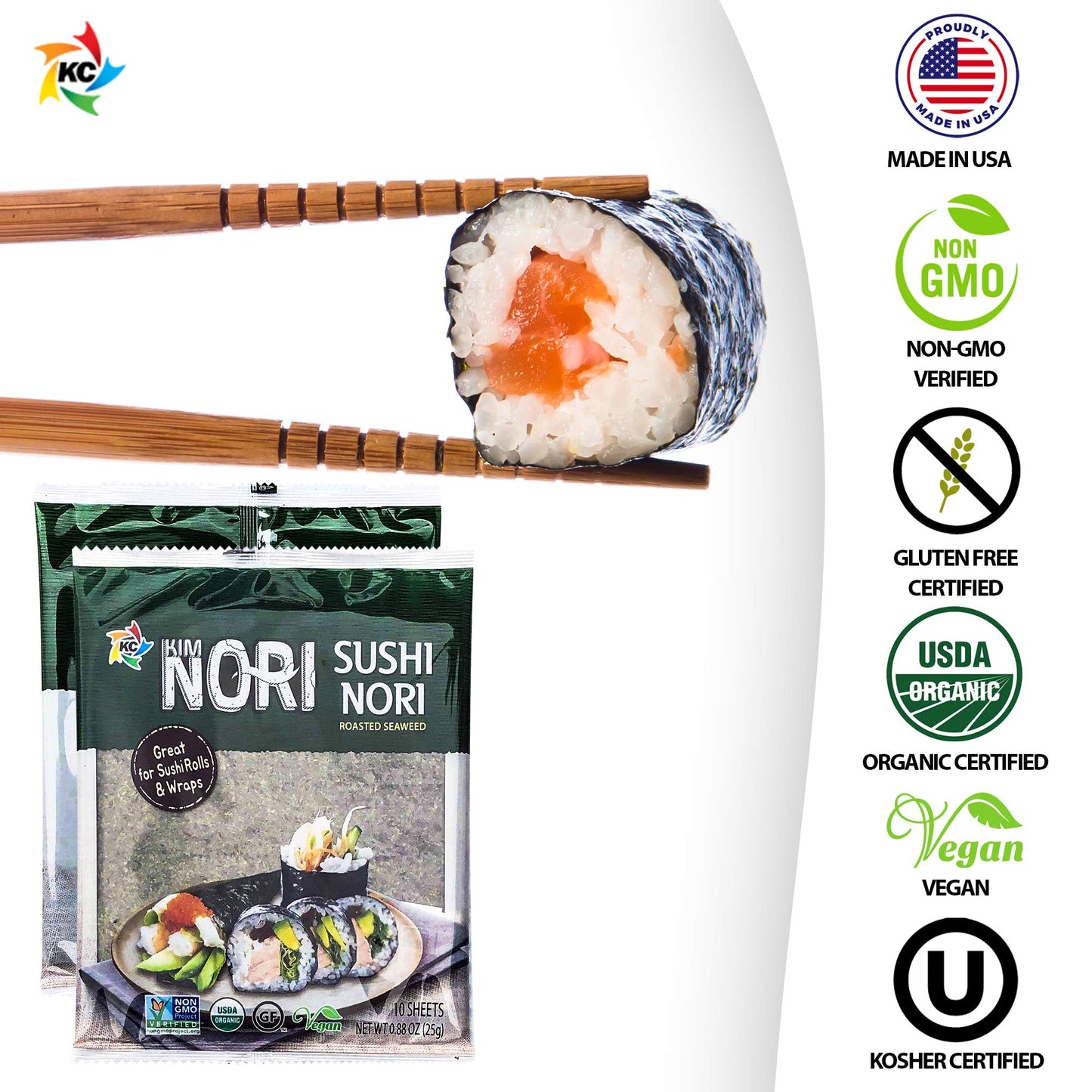 KIMNORI Sushi Nori Sea  Sheets, USDA Organic, Gluten Free, 10 Count (Pack of 16), 100% Natural Laver, Non-GMO, Vegan, Kosher