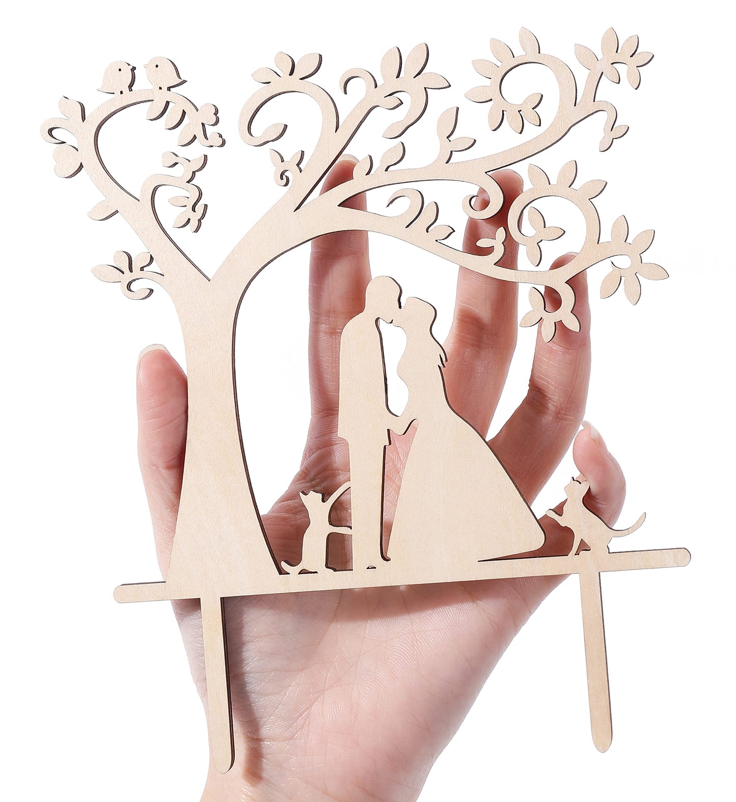 LOVENJOY Wooden Wedding Cake Topper Couple with Cats, 5.9x6.8 Inches, Beige, Model ZBTX-179-2C