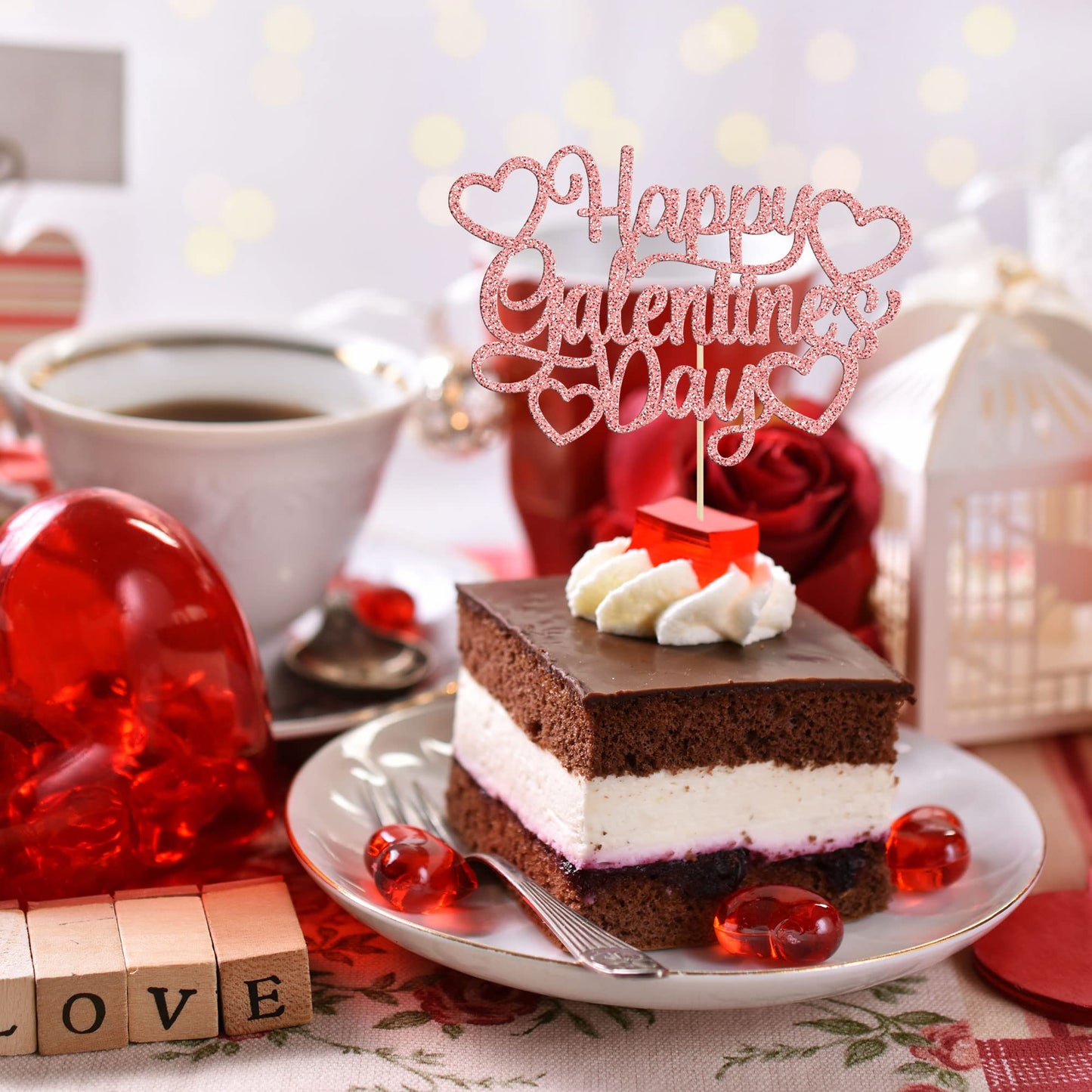 1Pc Happy Valentine's Day Cake Topper Rose Gold Glitter Valentine's Day Cake Topper Decorations for Valentine's Day Theme Weddin