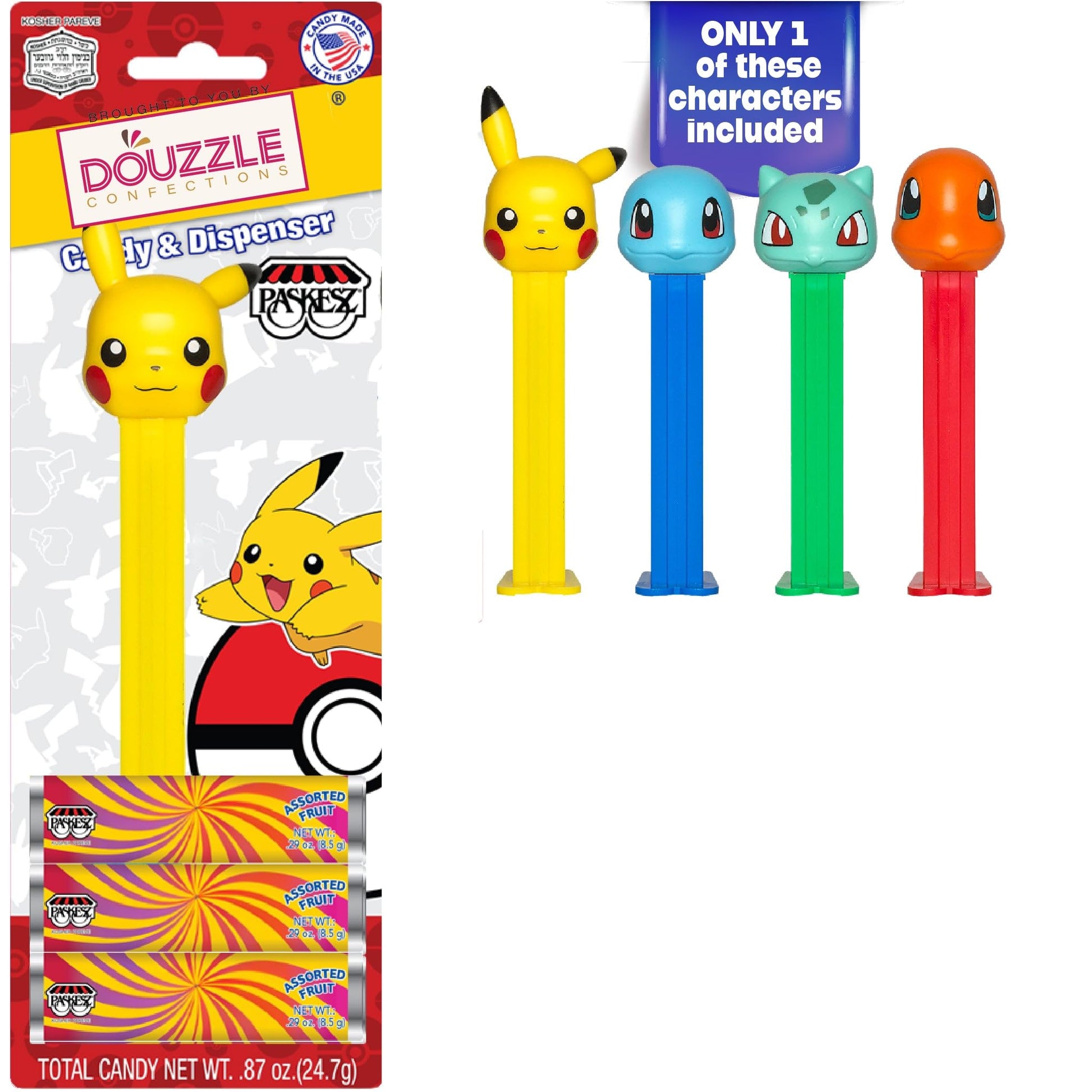 DOUzzle Kosher Pez Candy & Pokemon Dispenser + 3 Assorted Fruit Refills (Pack of 1) Gluten Free, Kosher Parve, USA Made