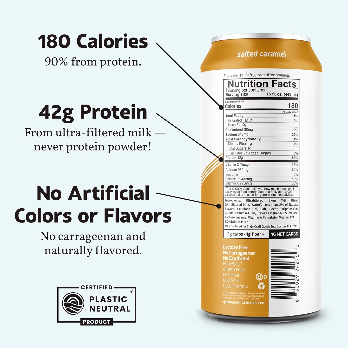 Slate Milk -Ultra Protein Shake-Salted Caramel-42g Protein 1g Sugar 180 Calories 1g Net Carbs-Lactose Free No Added Sugar-Made with Ultra Filtered Milk- Breakfast Boost Post Workout- 15 fl oz 12 Cans