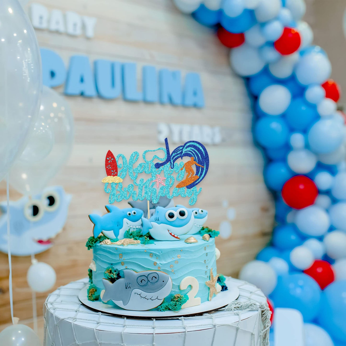 Gyufise 1Pc Summer Happy Birthday Cake Topper Blue Glitter Summer Pool Swimming Surfing Cake Decoration For Summer Holiday Beach