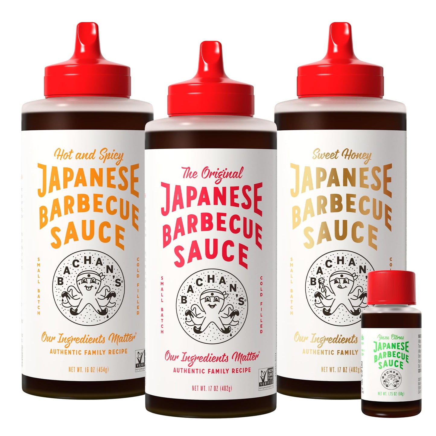 Bachan's Japanese Barbecue Sauce 4 Pack - 1 OG, 1 Hot & Spicy, 1 Sweet Honey, 1 Yuzu Mini - BBQ Sauce for Wings, Chicken, Beef, 