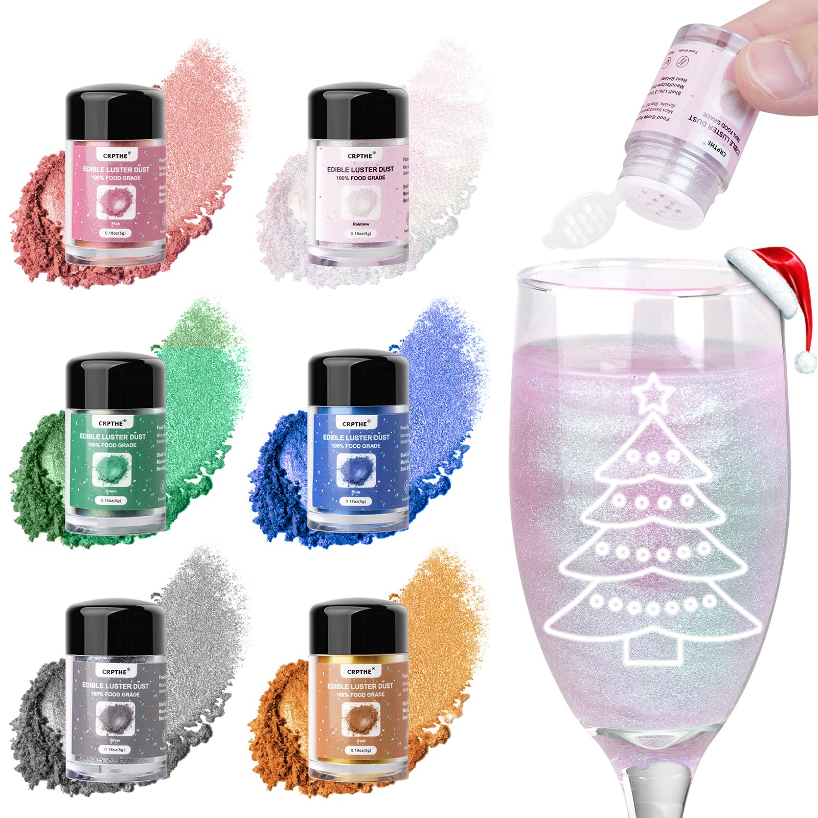 CRPTHE 6 Colors Luster Dust Edible Set, Edible Glitter for Drinks, Food Grade Glitter Shimmer Sprinkle Powder for Cocktails, Bak