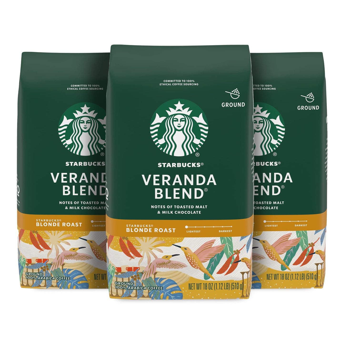 Starbucks Ground Coffee Blonde Roast Veranda Blend 18 oz (Pack of 3) 100% Arabica