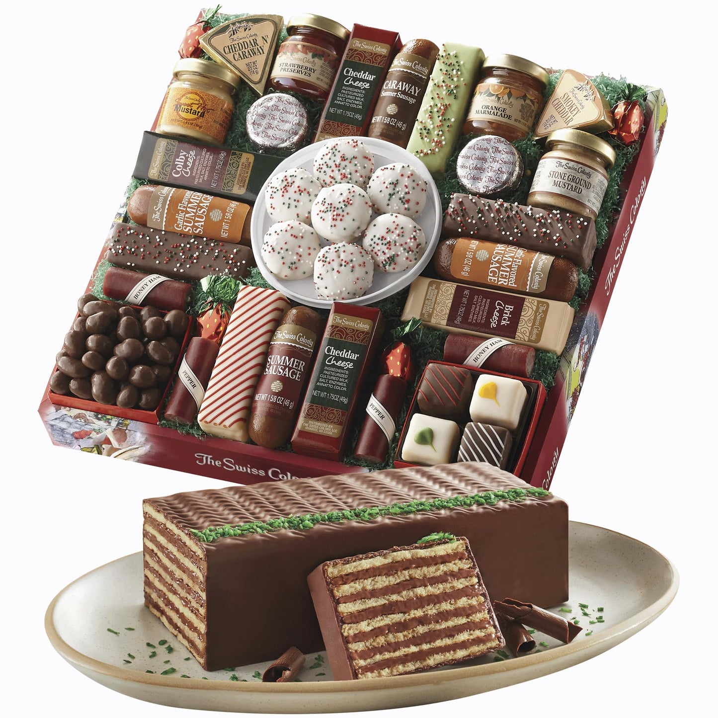 The Swiss Colony 27 Favorites And Dobosh Torte Christmas Gift Bundle - Assorted Cheeses  Candies  Chocolates  Summer Sausage Meats  And 13 Layer Chocolate Creme Torte