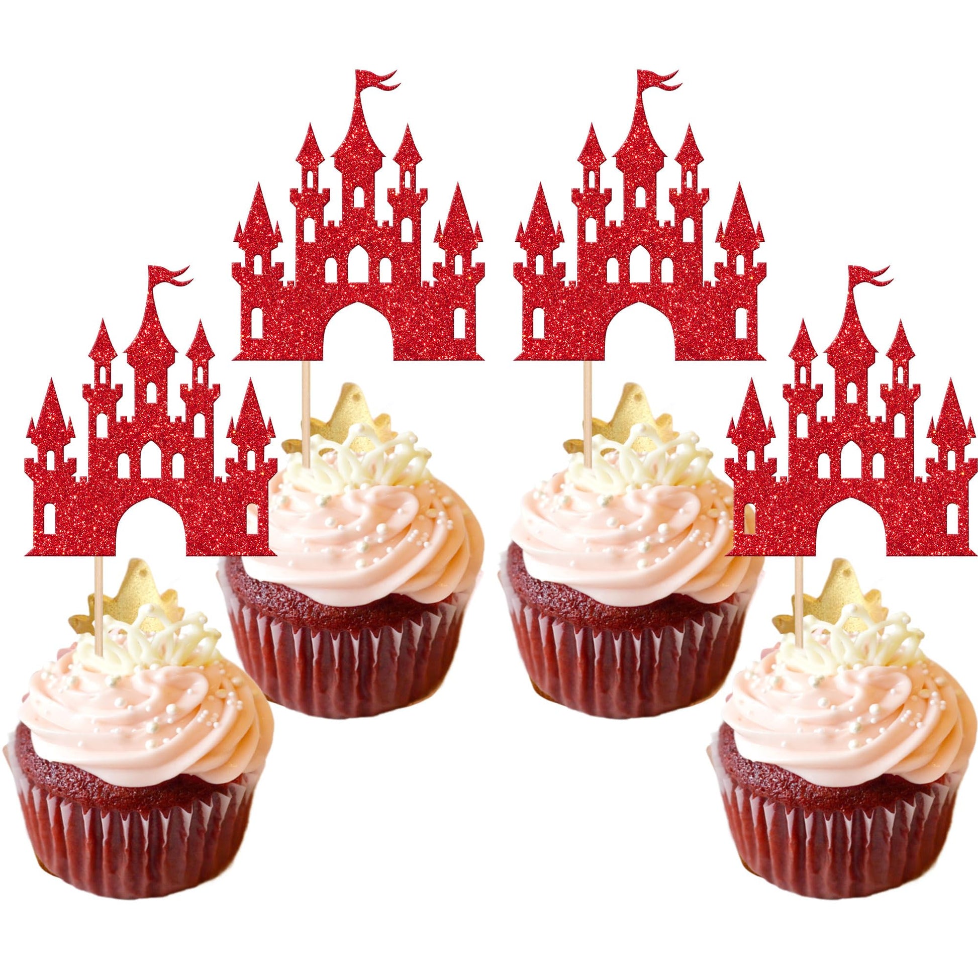 ZHUOWEISM 24 PCS Princess Castle Cupcake Toppers Glitter Red Birthday Party Decorations for Girls Baby Shower