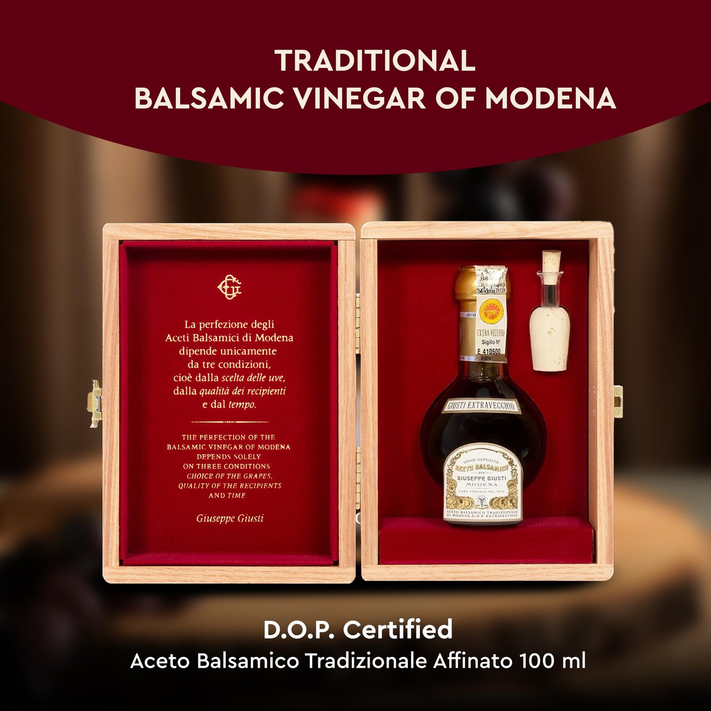 Giusti Aged Balsamic Vinegar of Modena DOP, 25 Years, 3.4 fl oz, Black, Includes Wooden Box & Personalized Plate