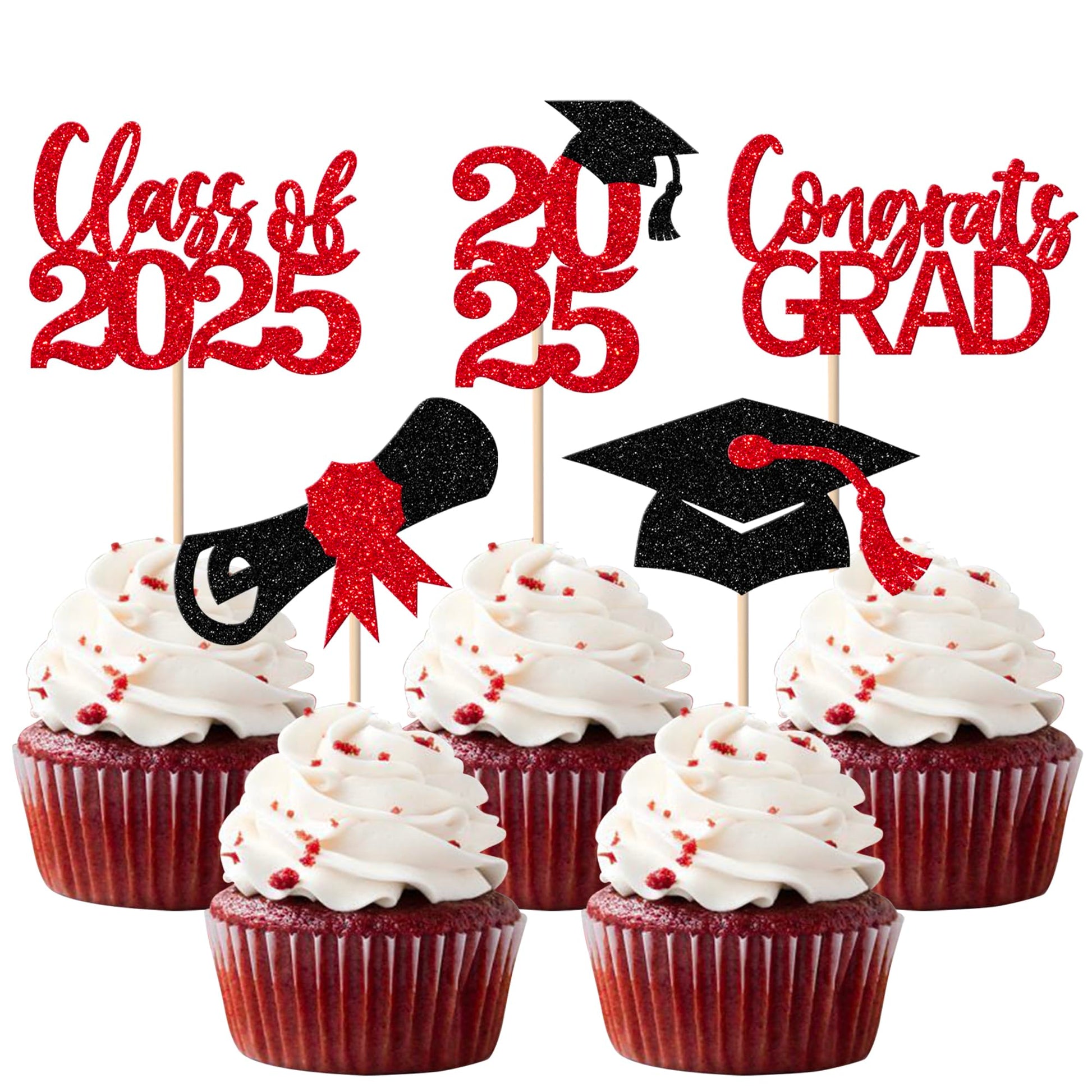 YCTHUNFISH 30 Pack Cupcake Toppers Glitter Class of 2025 Graduation Decorations Black Red Bamboo