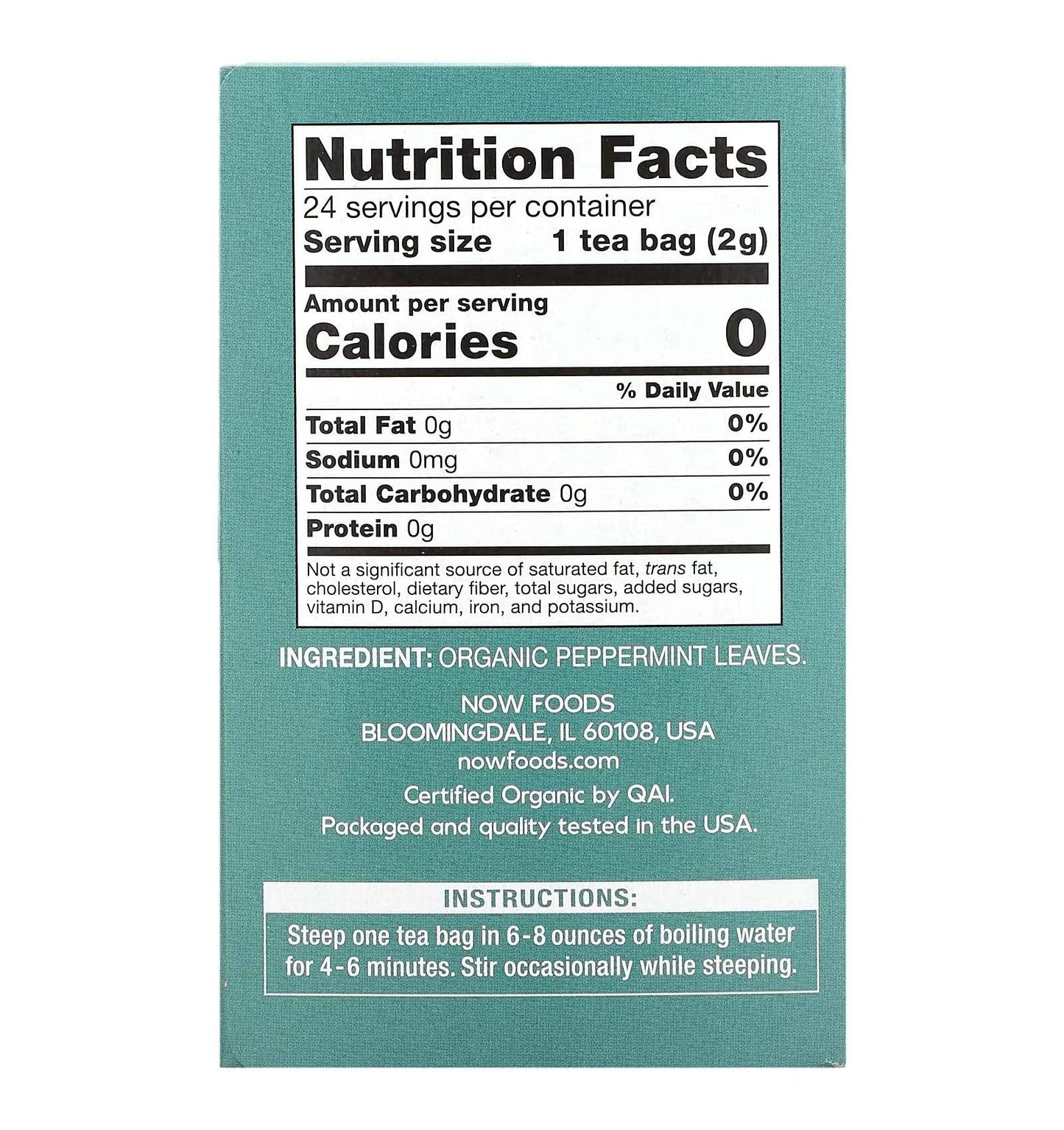 NOW Foods Organic Peppermint Tea, Caffeine-Free, 24 Count, Model 3365